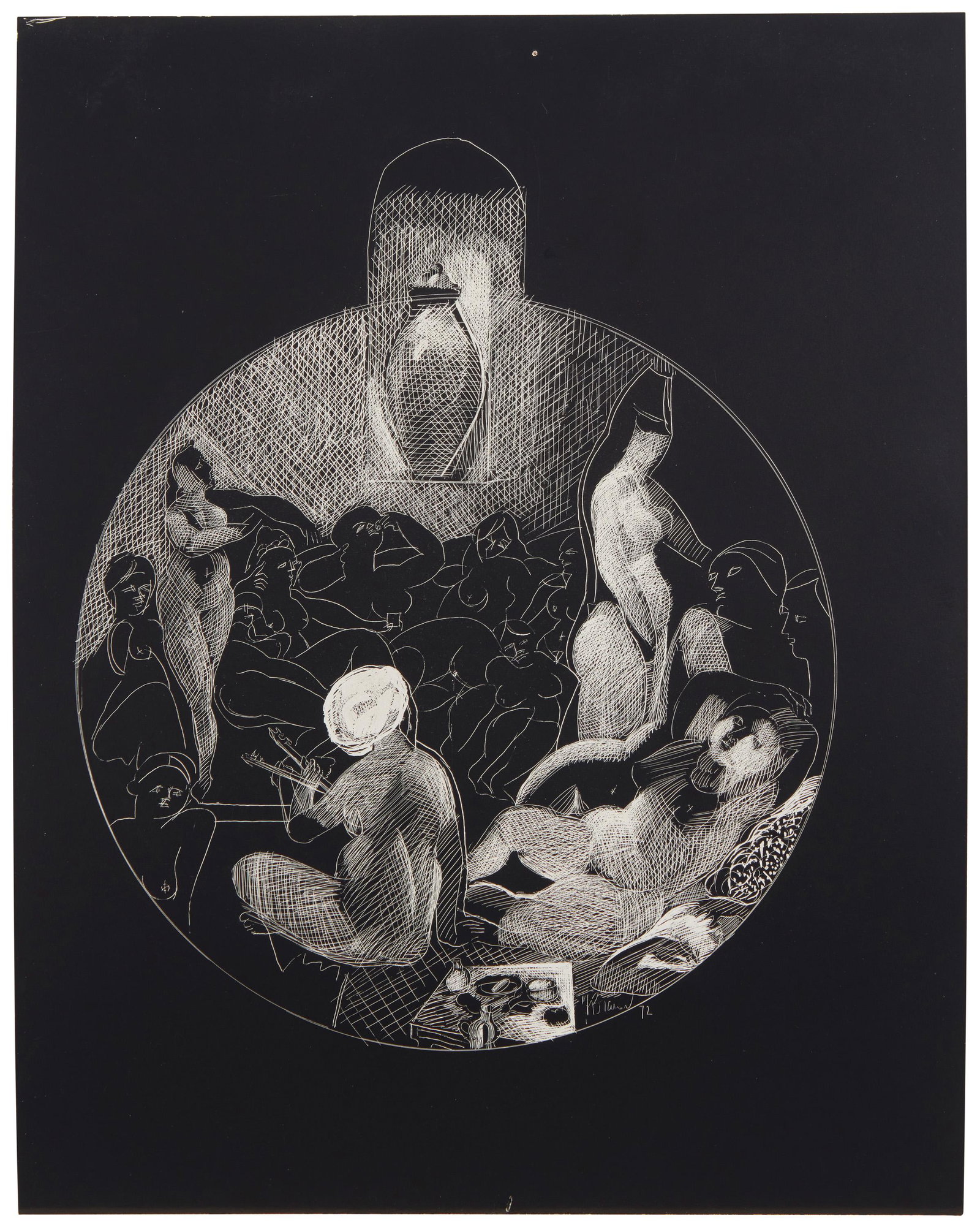 Herman Braun-Vega, (1933-2019), Female nude group with vase, 1972, Drawing on scraperboard, Image:: Herman Braun-Vega (1933-2019) Female nude group with vase, 1972 Drawing on scraperboard Signed and dated lower right: H. Braun Image: 10" H x 8.75" W; Scraperboard: 13.875" H x 11"