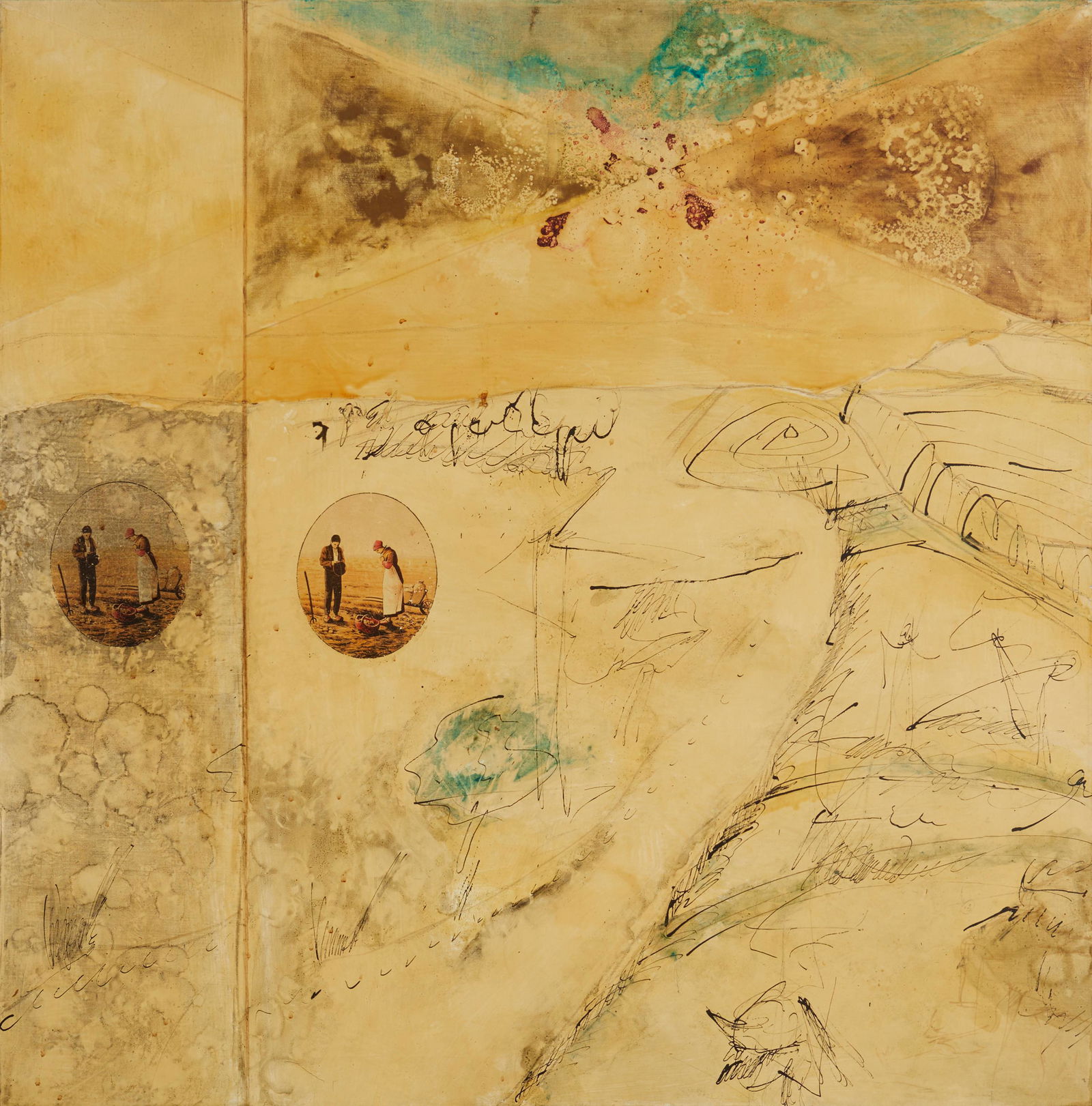 Claude Assian, (b. 20th century), "Quiet Village II," 1967, Oil and collage on canvas, 34" H x 34" W (1 of 5)