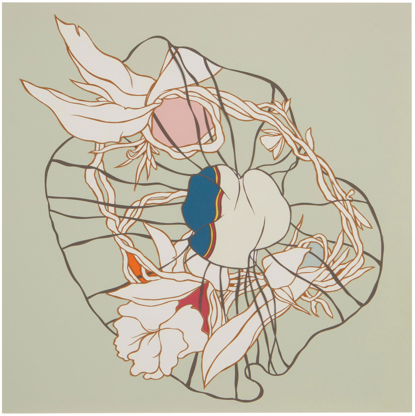 Pablo Vargas Lugo, (b. 1968), "Cell," 2003, Colored paper cutout mounted to sage green paperboard,: Pablo Vargas Lugo(b. 1968)"Cell," 2003Colored paper cutout mounted to sage green paperboard, as issuedSigned, titled, and dated in ink on the verso of the paperboard: Pablo Vargas LugoImage/