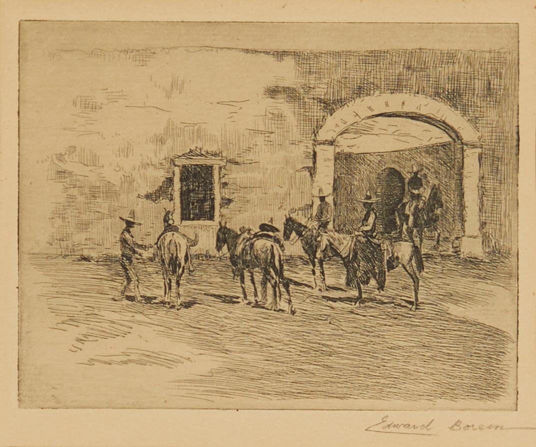 Edward Borein, (1872-1945), "Hacienda Gate", Etching and drypoint on paper, Plate: 4" H x 5" W; (1 of 6)