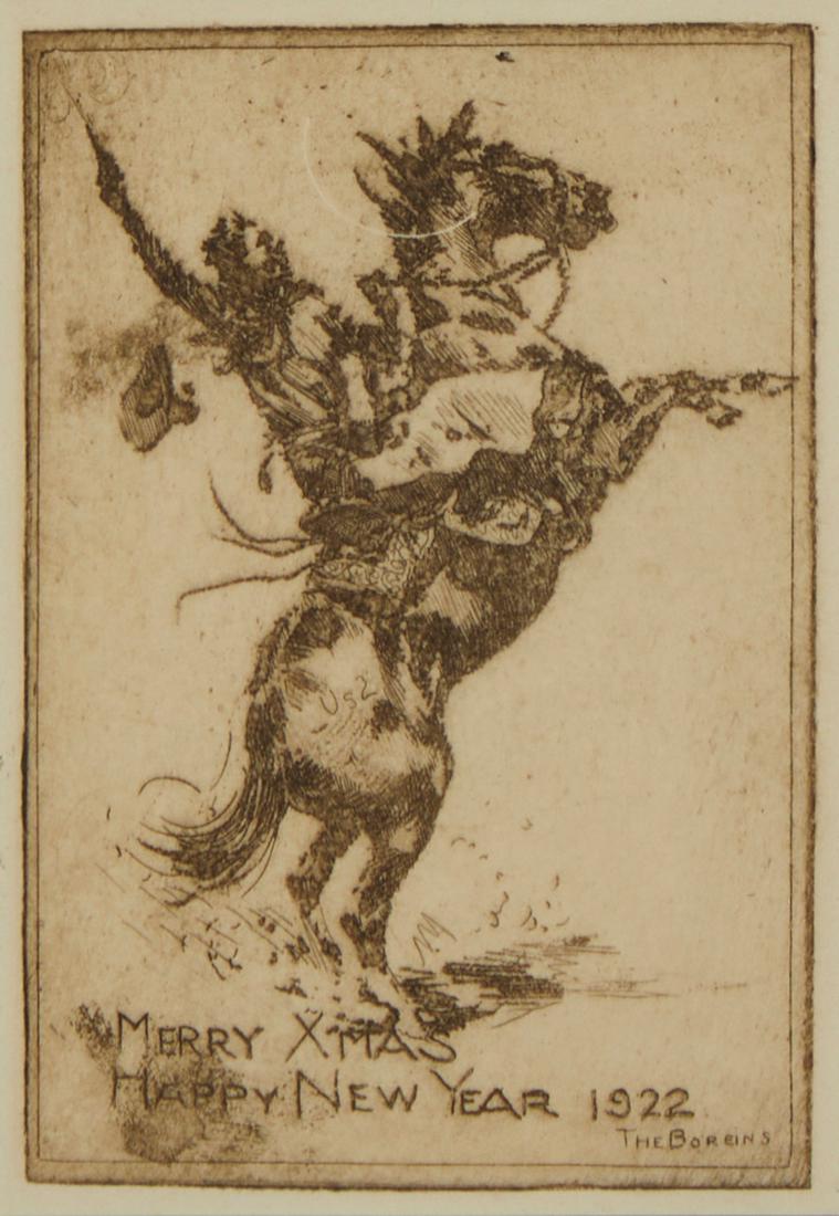 Edward Borein, (1872-1945), "Merry Xmas Happy New Year 1922", Etching in brownish-black on paper, (1 of 5)