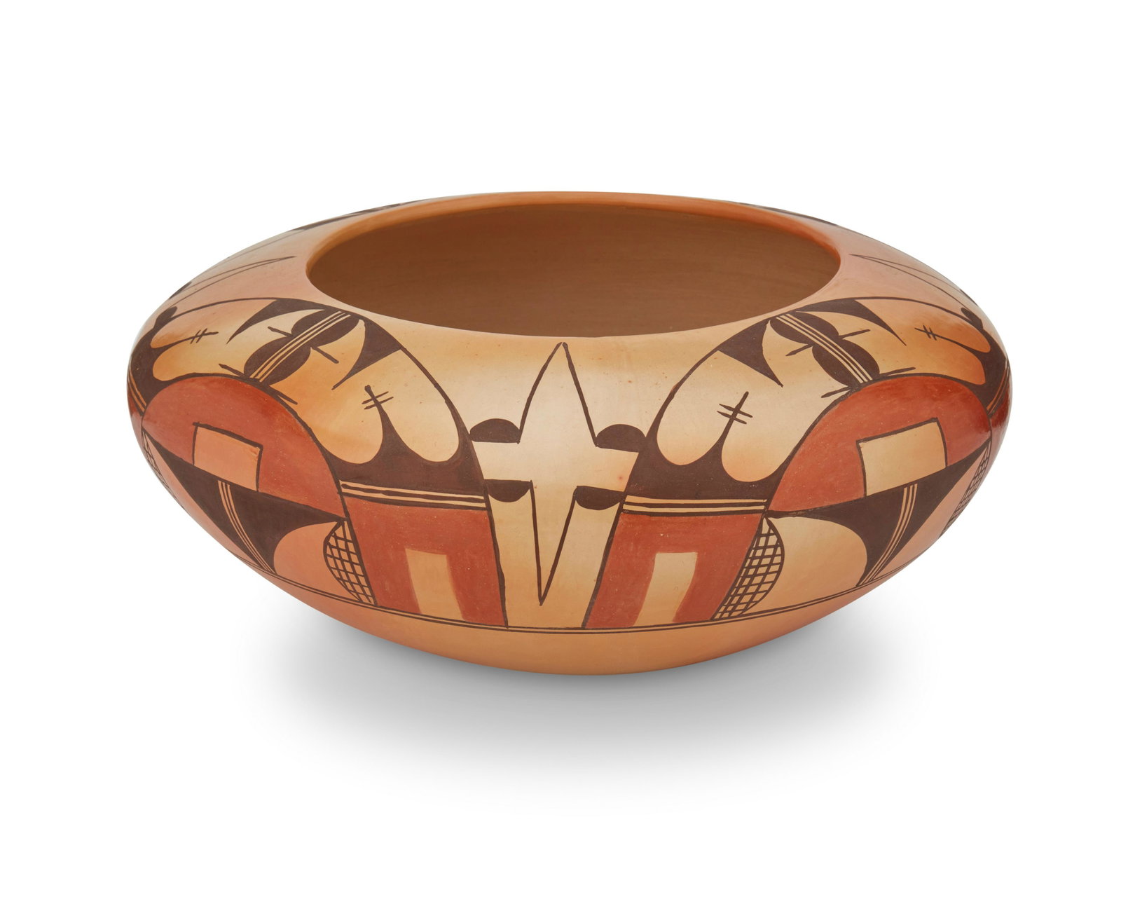 Jean Sahmie, Tobacco Flower Girl (b. 1948, Hopi-Tewa): Jean Sahmie, Tobacco Flower Girl (b. 1948, Hopi-Tewa) A polychrome pottery bowl, circa 2000 Signed to underside with artist's corn cipher and looped symbol The bowl with polychrome avian motif on burn