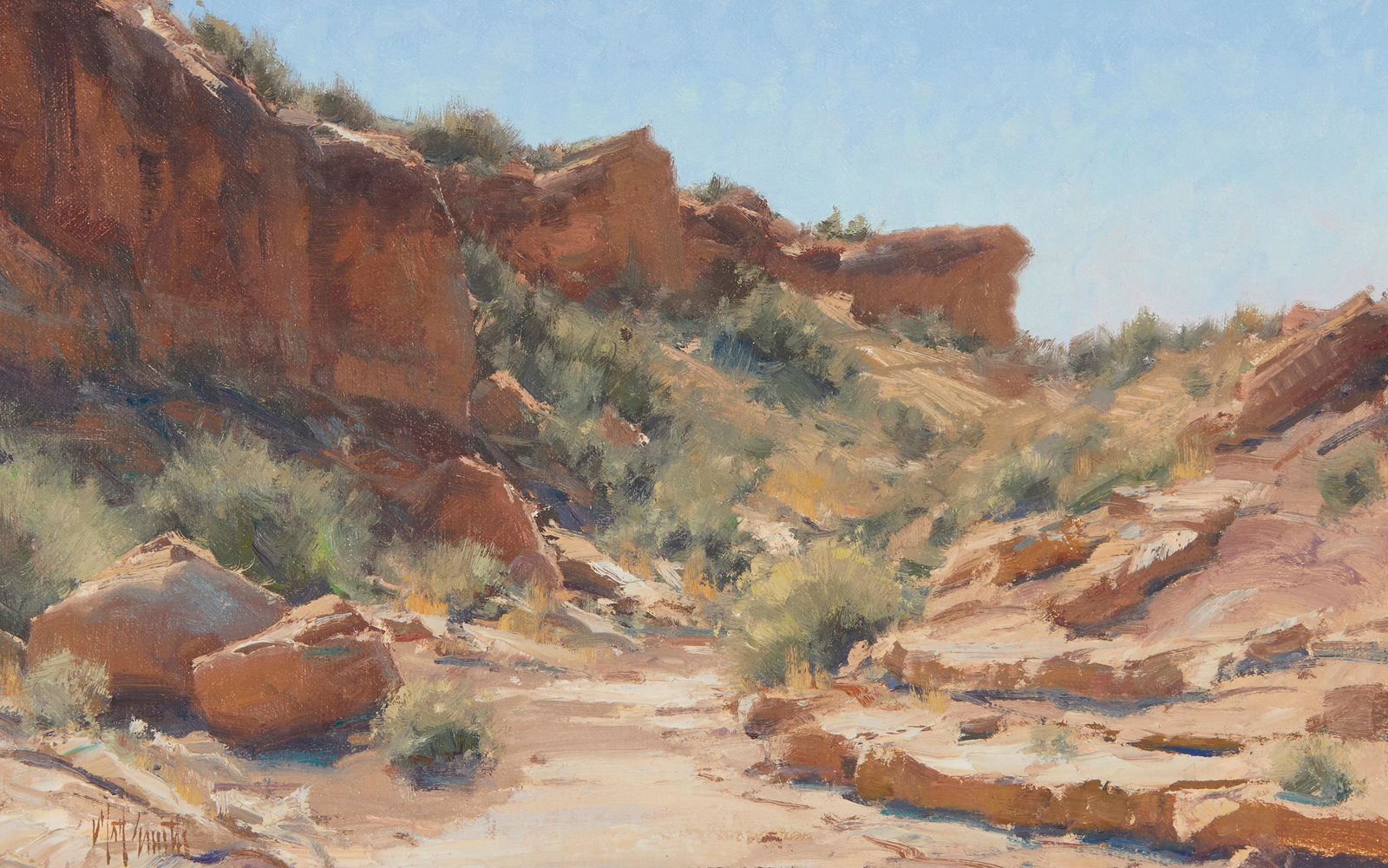 Matt Smith, (b. 1960), "Red Point Canyon," 2007, Oil on panel, 10" H x 16" W: Matt Smith(b. 1960)"Red Point Canyon," 2007Oil on panelSigned lower left: Matt Smith; signed again, titled, and dated, verso: Â© Matt Smith10" H x 16" W Provenance: Thunderbird Foundation, Mt. Carme