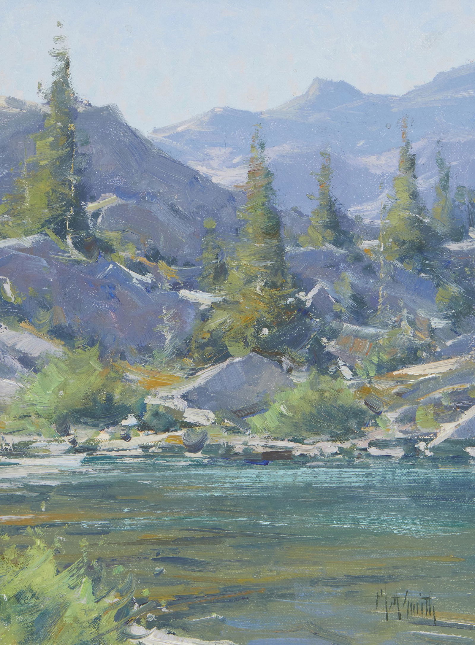 Matt Smith, (b. 1960), "Ediza Lake, Mammoth, Ca.," 2010, Oil on panel, 12" H x 9" W: Matt Smith(b. 1960)"Ediza Lake, Mammoth, CA.," 2010Oil on panelSigned lower left: Matt Smith; signed again, titled, dated, and inscribed, verso12" H x 9" W Provenance: The Estate