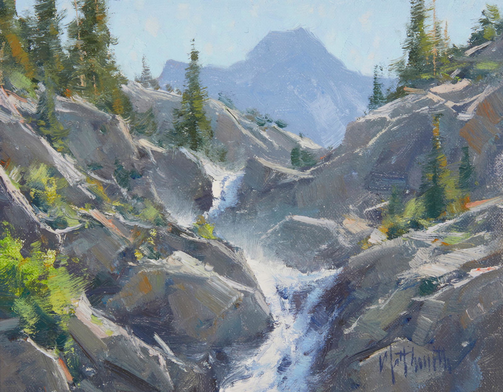 Matt Smith, (b. 1960), "Sierra Mist", Oil on panel, 7.25" H x 9.375" W: Matt Smith(b. 1960)"Sierra Mist"Oil on panelSigned lower left: Matt Smith; signed again and titled on the frame's cardboard backing: Matt Smith (C)7.25" H x 9.375" W Provenance: T