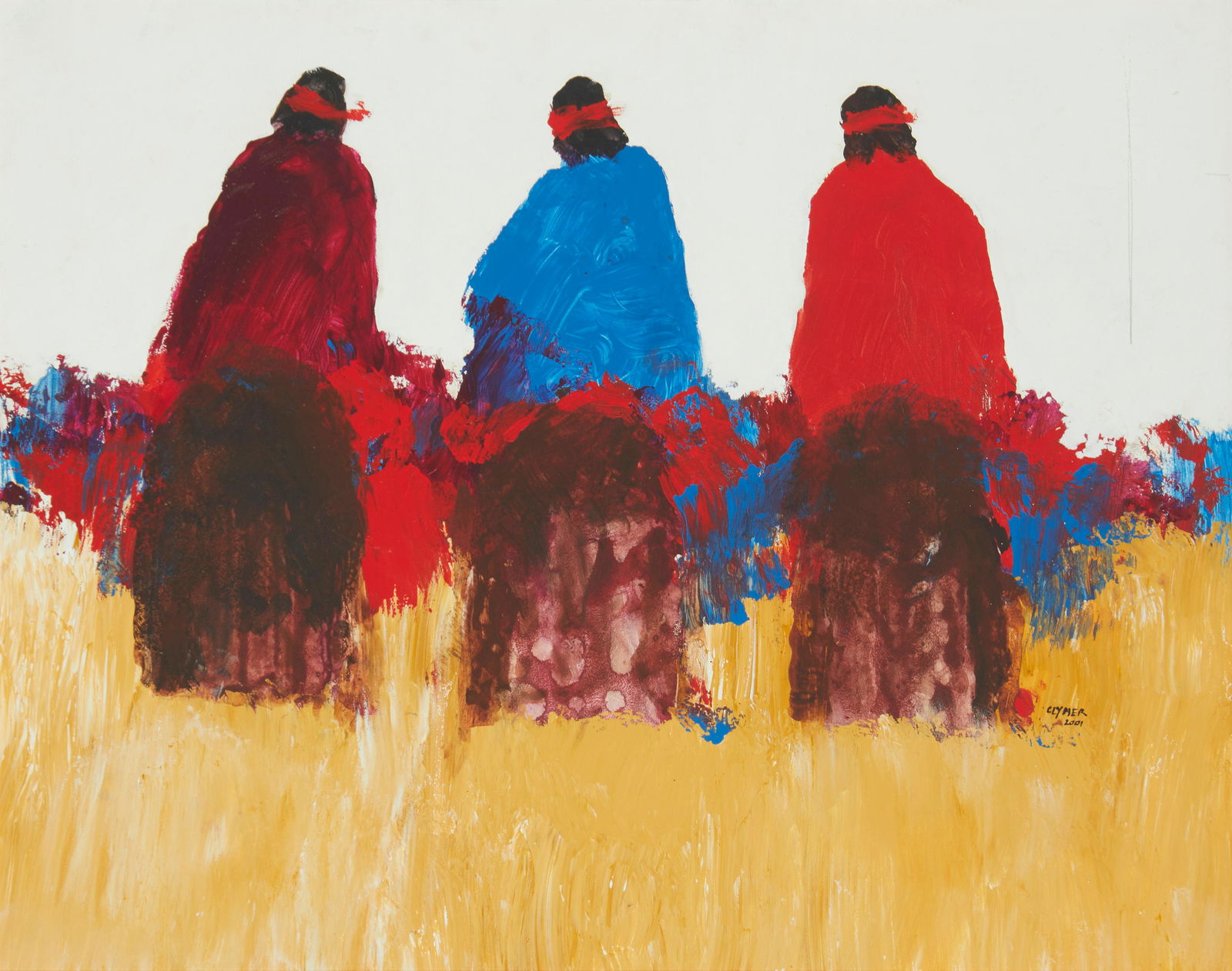 Albert Anderson Clymer, (b. 1942), Three figures on horseback, 2001, Acrylic on Masonite, 24" H x: Albert Anderson Clymer(b. 1942)Three figures on horseback, 2001Acrylic on MasoniteSigned and dated lower right: Clymer24" H x 30.5" W