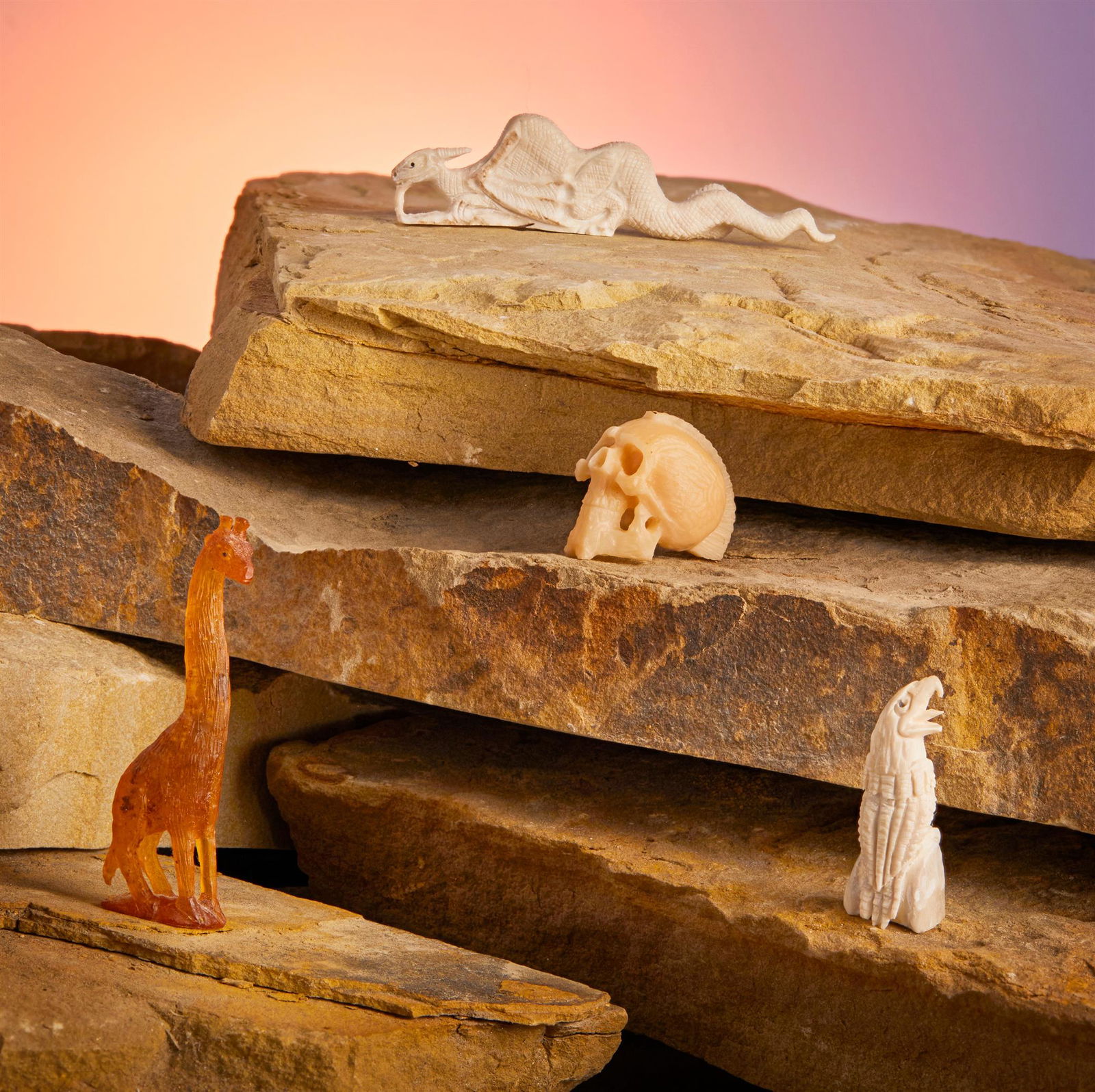 Esteban Najera (b. 20th century, Zuni): Esteban Najera (b. 20th century, Zuni)A group of Zuni carved fetish items, late 20th/21st centuryEach marked for Esteban NajeraComprised of an eagle and a dragon carved in bone, a skull with a painted