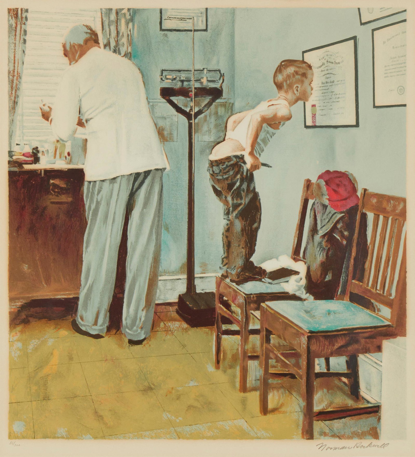 After Norman Rockwell (1894-1978), "Before the Shot," Photomechanical reproduction in colors on: After Norman Rockwell (1894-1978) "Before the Shot" Photomechanical reproduction in colors on paper Edition: 28/200 Bears the signature and numbered in pencil in the lower margin: Norman Roc