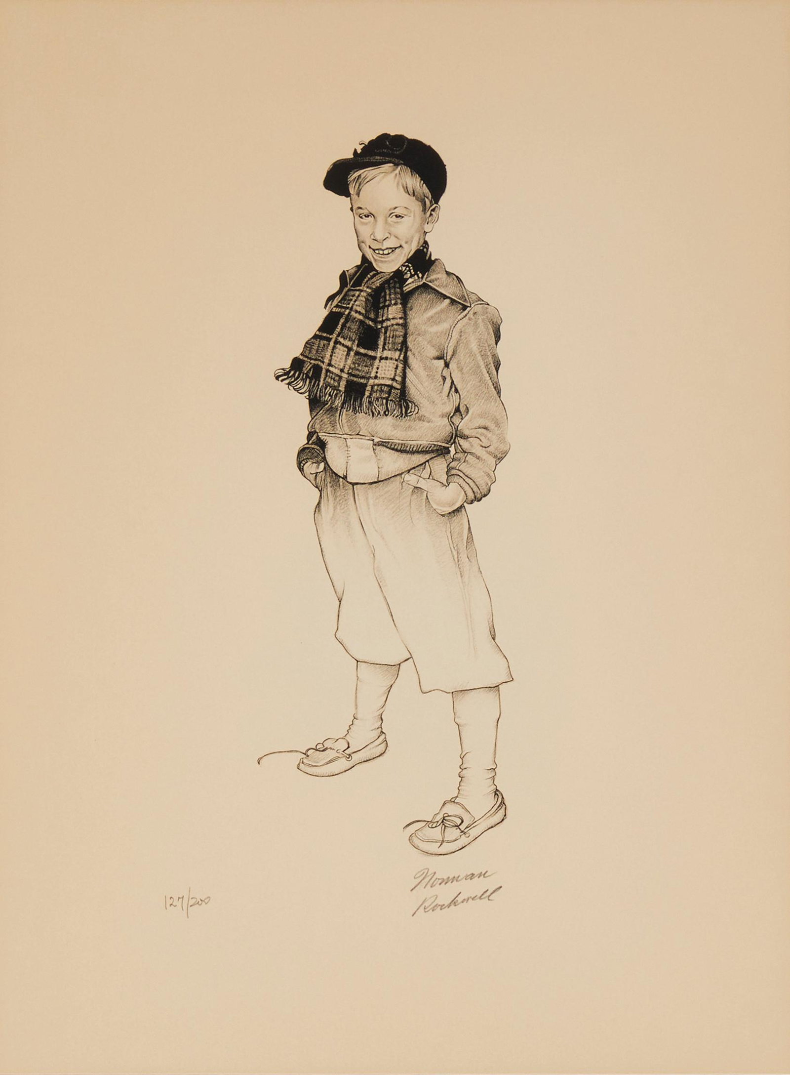 After Norman Rockwell (1894-1978), "Jerry," Photomechanical reproduction on paper, Sight: 20.875" H: After Norman Rockwell (1894-1978) "Jerry" Photomechanical reproduction on paper Edition: 127/200 Bears the signature and numbered in pencil near the lower edge: Norman Rockwell Sight: 20.875