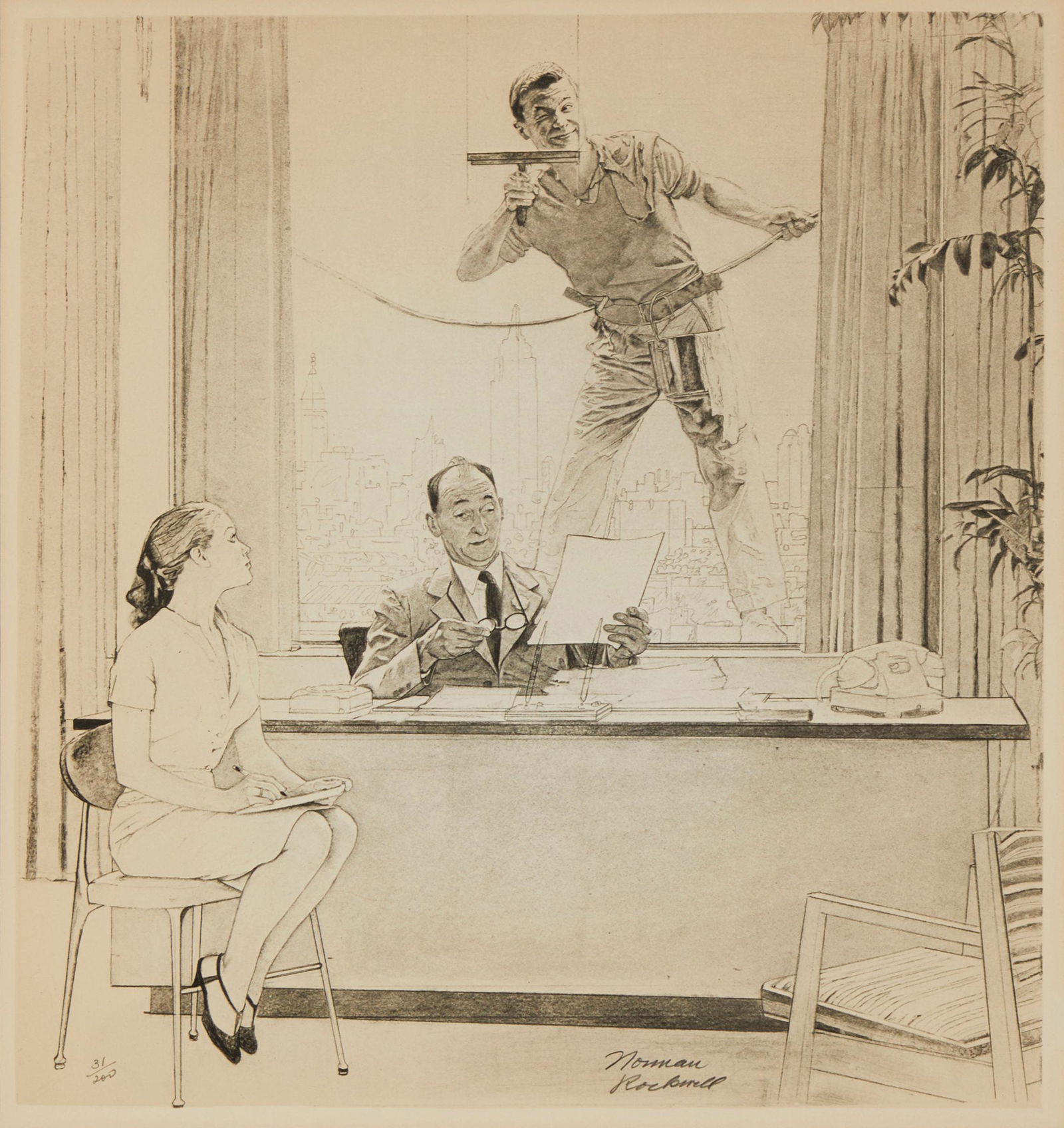 After Norman Rockwell (1894-1978), "The Window Washer," Photomechanical reproduction on paper, (1 of 6)
