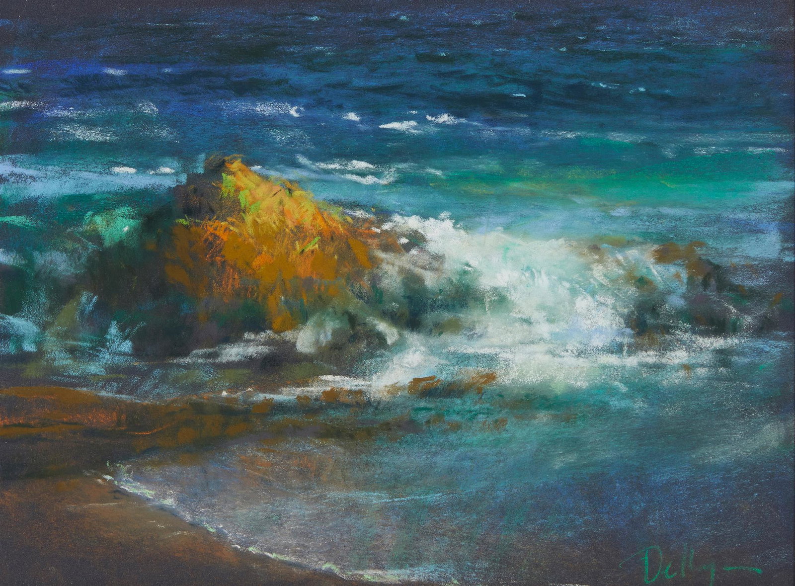 21st Century American School , A rocky coast with crashing waves, Oil pastels in colors on paper,: 21st Century American School A rocky coast with crashing waves Pastel on paper Signed indistinctively lower right: Dell*** Sight: 11" H x 15" W