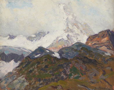 Paul Dougherty (1877-1947), "The Matterhorn," Oil on panel, 12.75" H x 16" W: Paul Dougherty(1877-1947)&quot;The Matterhorn&quot;Oil on panelSigned lower right: Paul Doughtery; titled verso; titled again on a label affixed verso12.75&quot; H x 16&quot; W Provenance: DeRu's Fine