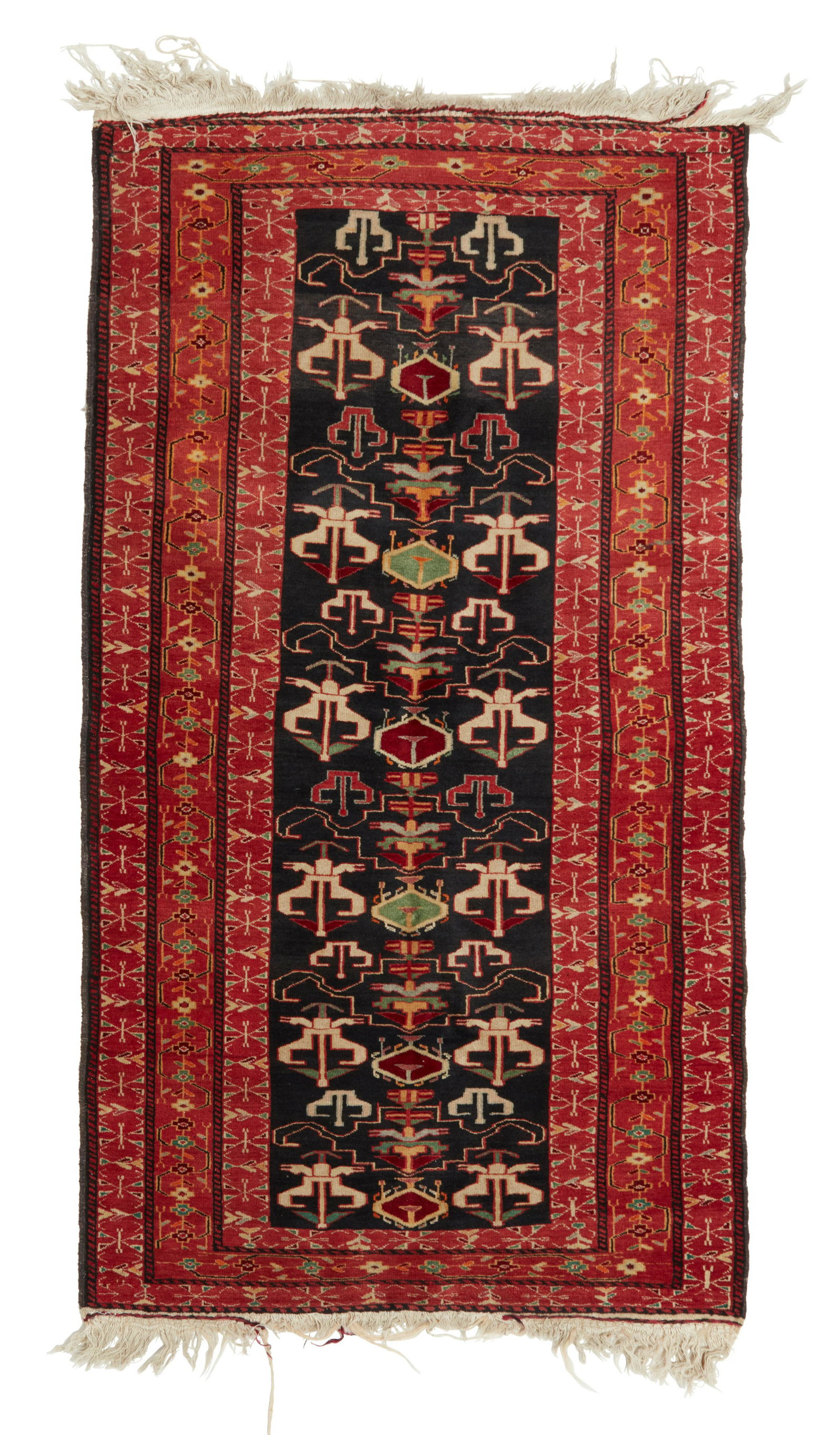A Caucasian rug: A Caucasian rug 20th century Wool on cotton foundation, with polychrome geometric motif on a black field surrounded by red guards 5'3" L x 2'9" W