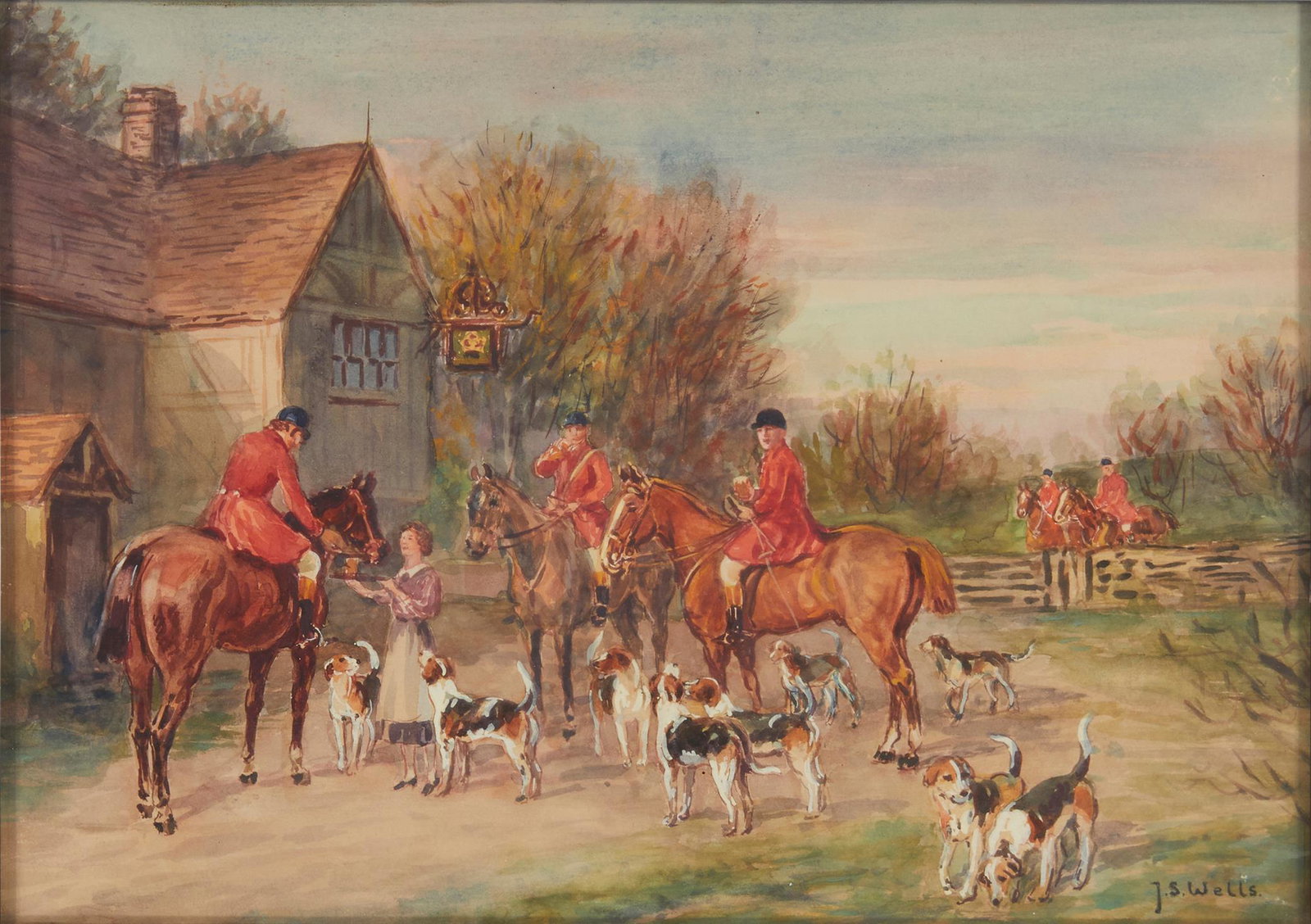 John Sanderson Wells (1872-1955), "The Meet," Watercolor on paper, Sight: 9.5" H x 13.5" W: John Sanderson Wells (1872-1955) "The Meet" Watercolor on paper Signed lower right: J.S. Wells; titled on a label affixed to the backboard Sight: 9.5" H x 13.5" W