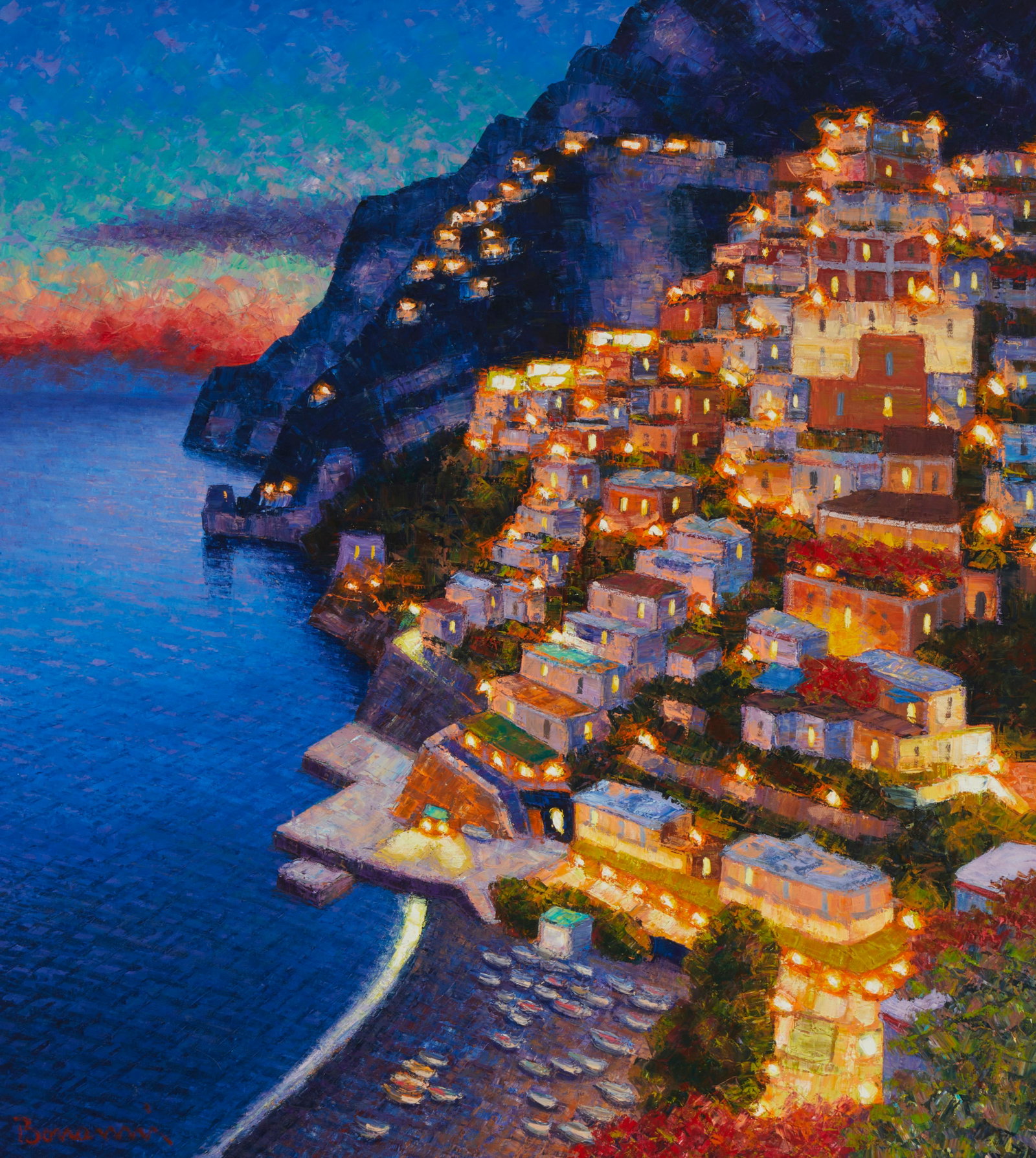 20th Century American School, Cliffside town near the coast, Oil on canvas, 36" H x 32" W: 20th Century American School Cliffside town near the coast Oil on canvas Signed indistinctly lower left: Bo[*****] 36" H x 32" W