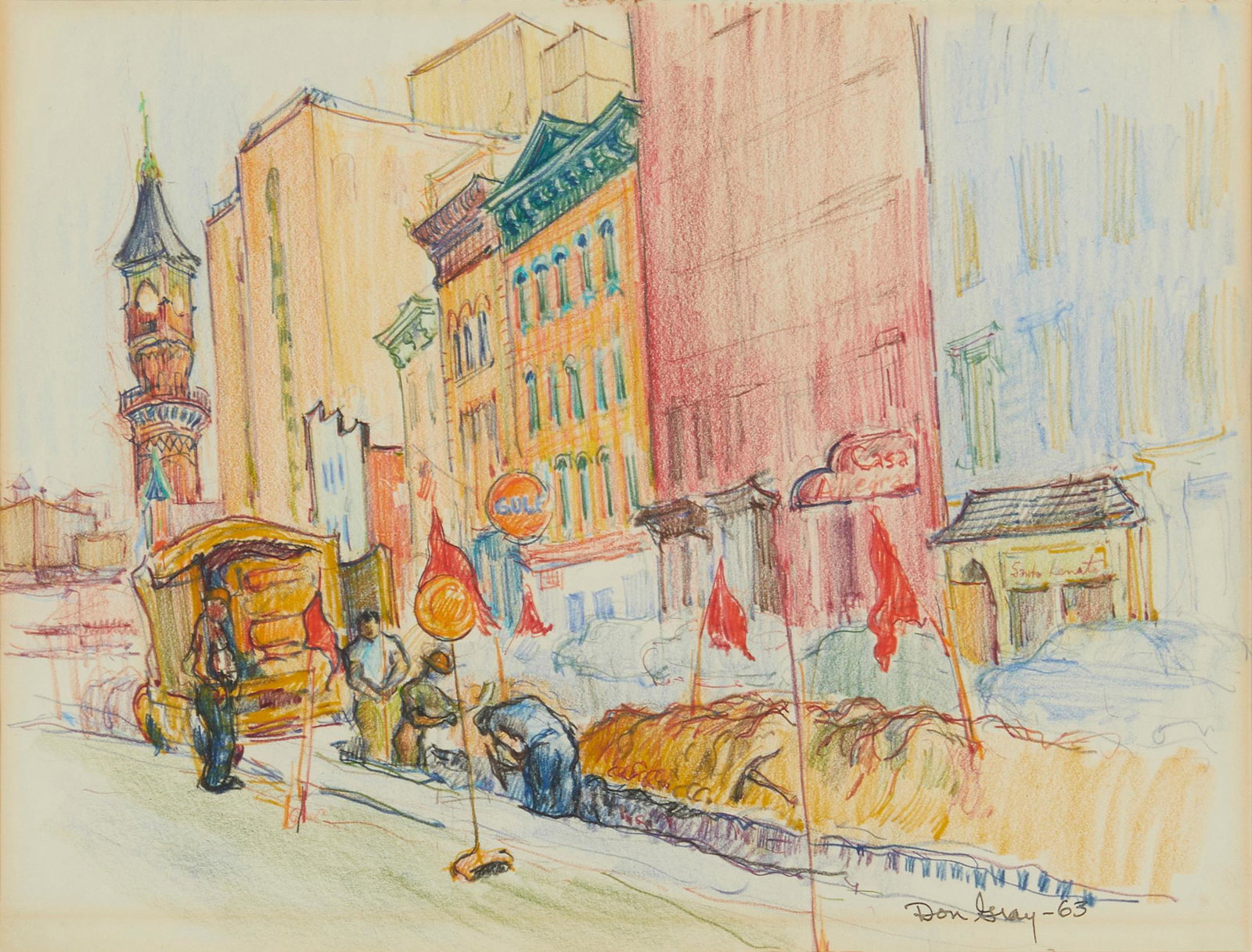 Don Gray, (b. 1935), Urban street scene, 1963, Colored pencil on paper, Image/Sheet: 10.625" H x: Don Gray (b. 1935) Urban street scene, 1963 Colored pencil on paper Signed and dated near the lower right corner: Don Gray Image/Sheet: 10.625" H x 13.875" W Provenance: Property of the Amer