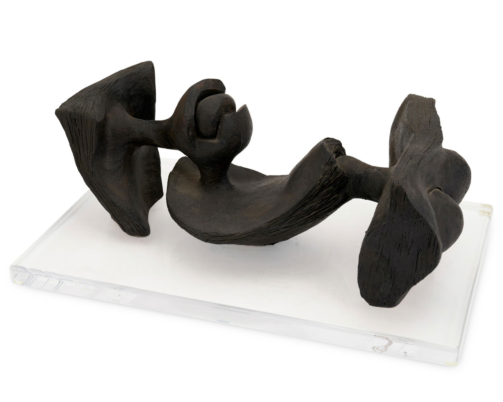 Michael Hanzakos, (1920-1978), Untitled, Iron oxide ceramic sculpture on Lexan base, 8" H x 21" L x (1 of 2)