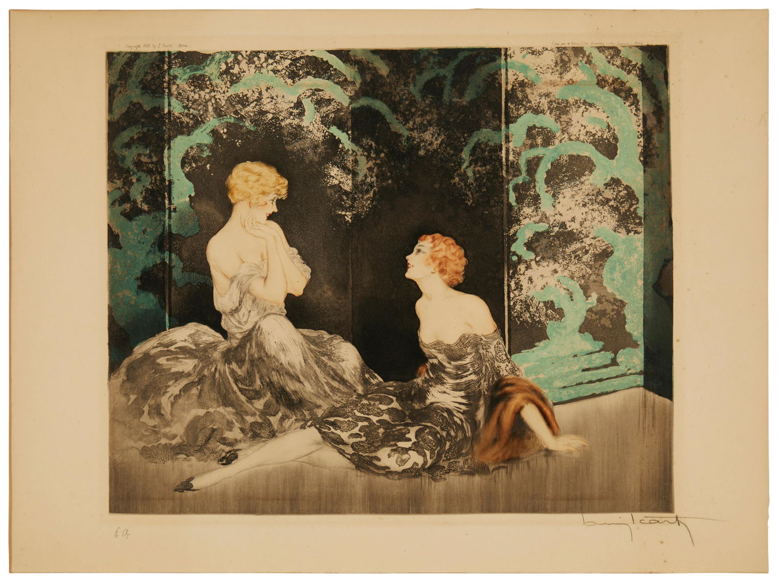 Louis Icart (1888-1950), "Intimacy," 1928, Etching, drypoint, and aquatint in colors on paper, (1 of 7)