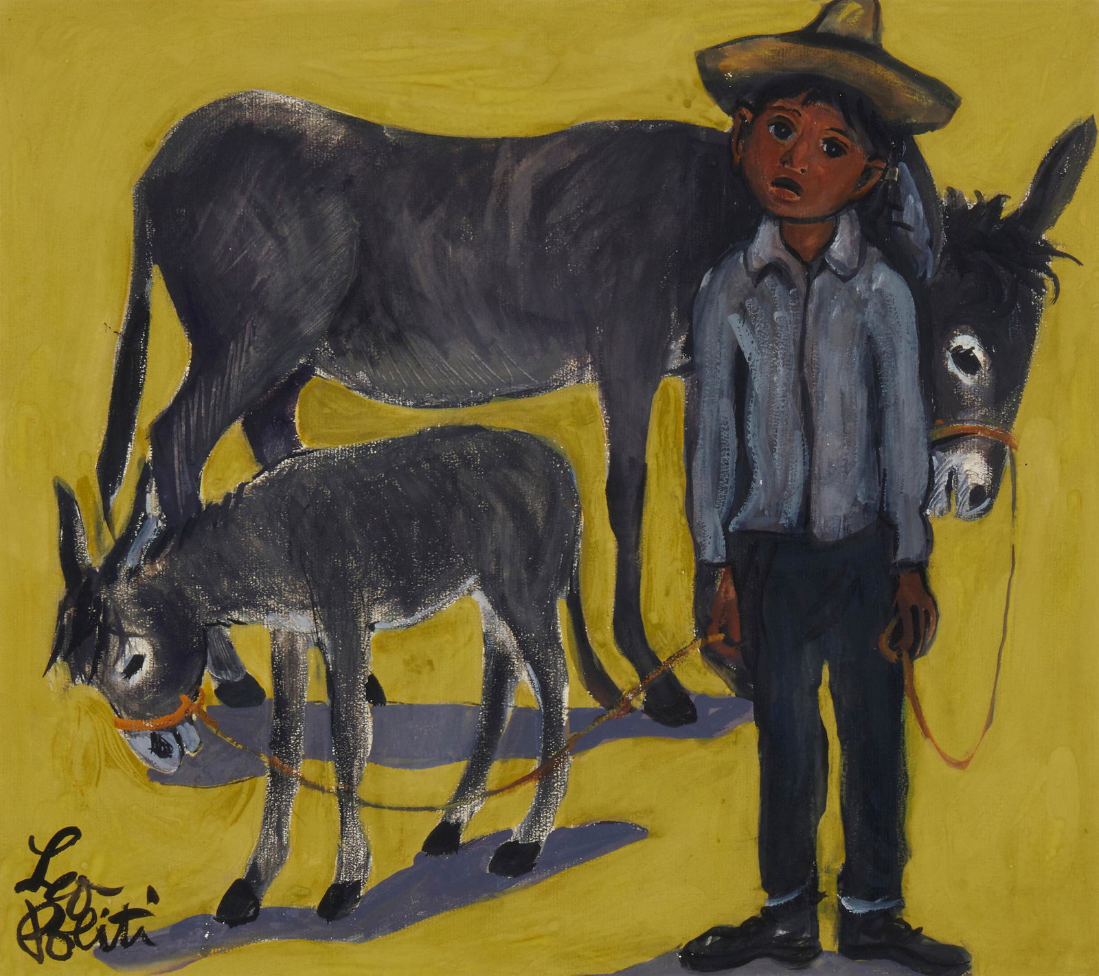 Leo Politi (1908-1996), Young boy with two burros, Acrylic on paper, Sight: 16.25" H x 18.125" W (1 of 5)