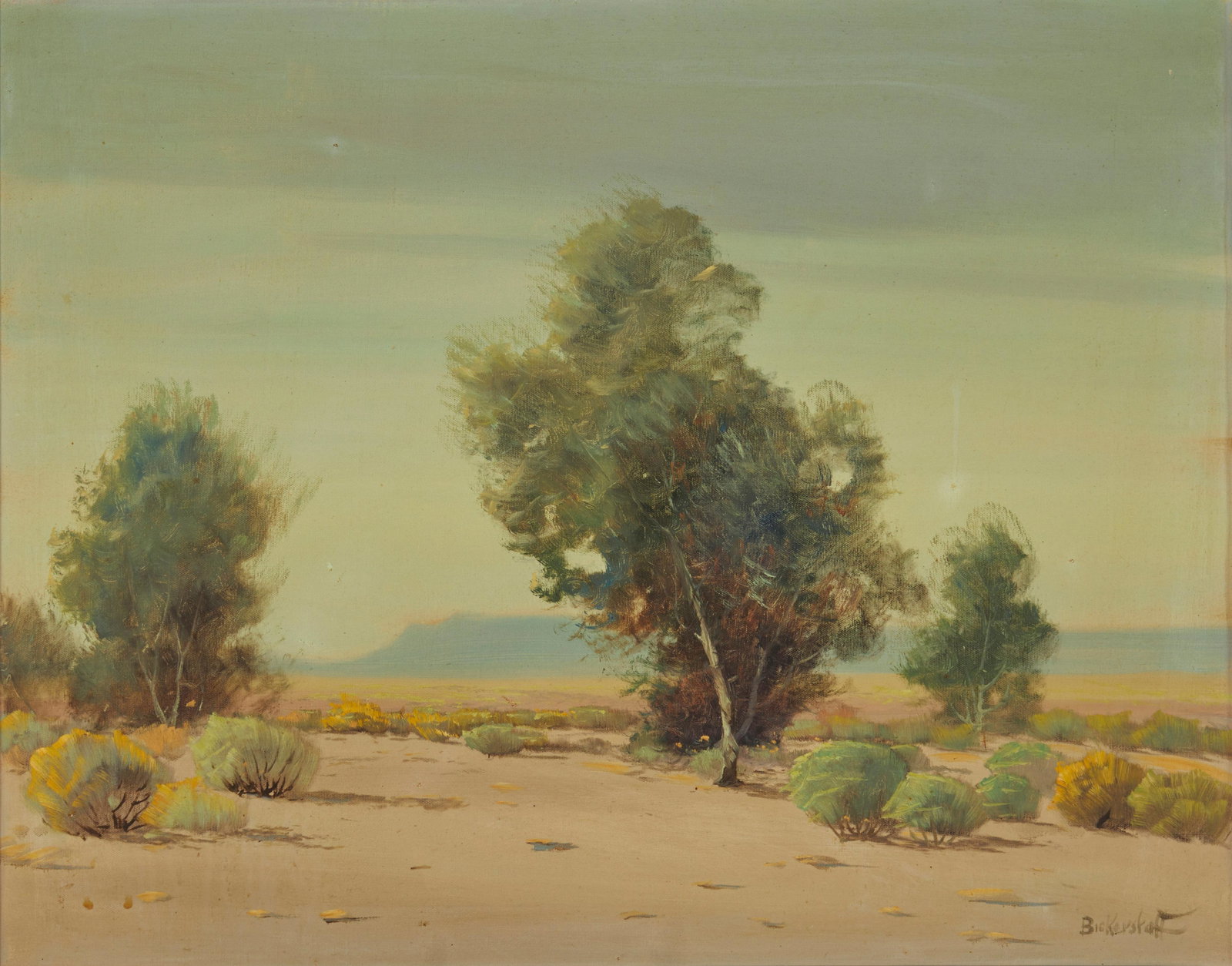 George Bickerstaff, (1893-1954), Trees in a desert landscape, Oil on canvas, 24" H x 30" W: George Bickerstaff (1893-1954) Trees in a desert landscape Oil on canvas Signed lower right: Bickerstaff 24" H x 30" W