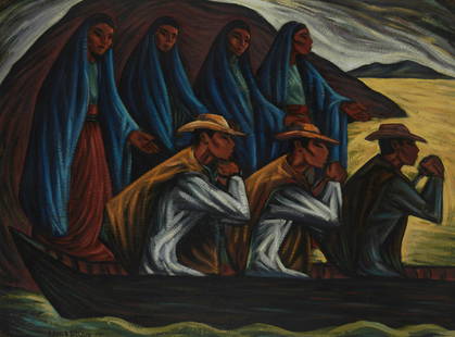 Arnold Belkin (1930-1992)," 'Patzcuaro' / (Del Ballet Tarasco 'Los Pescadores,')" 1951, Oil on Mason: Arnold Belkin(1930-1992)" 'Patzcuaro' / (Del Ballet Tarasco 'Los Pescadores,')" 1951Oil on MasoniteSigned and dated lower left: Arnold Belkin; signed and dated again, and titled and inscribed: Mexico,