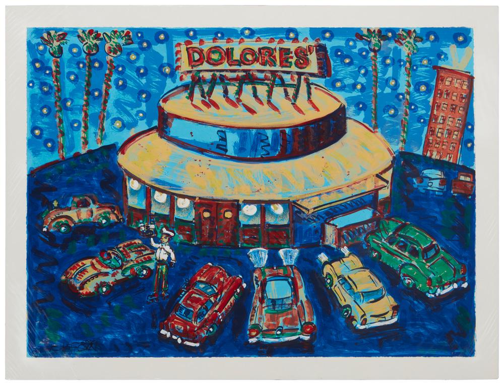 Frank Romero, (b. 1941), "Dolores Drive-In" 1993, Screenprint in colors on paper, Image/Sheet: 30" H (1 of 5)
