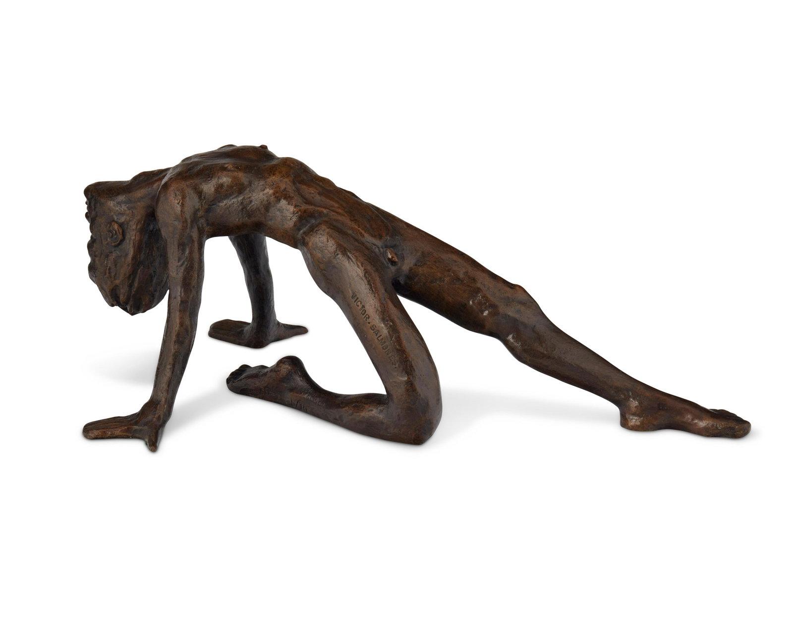 Victor Salmones (1937-1989), Figure stretching, Patinated bronze, 7.5" H x 10.75" W x 20" D: Victor Salmones (1937-1989) Figure stretching Patinated bronze Edition: 5/10 Signed and numbered in the casting: Victor. Salmones. / c-20- / 5/10 7.5" H x 10.75" W x 20" D