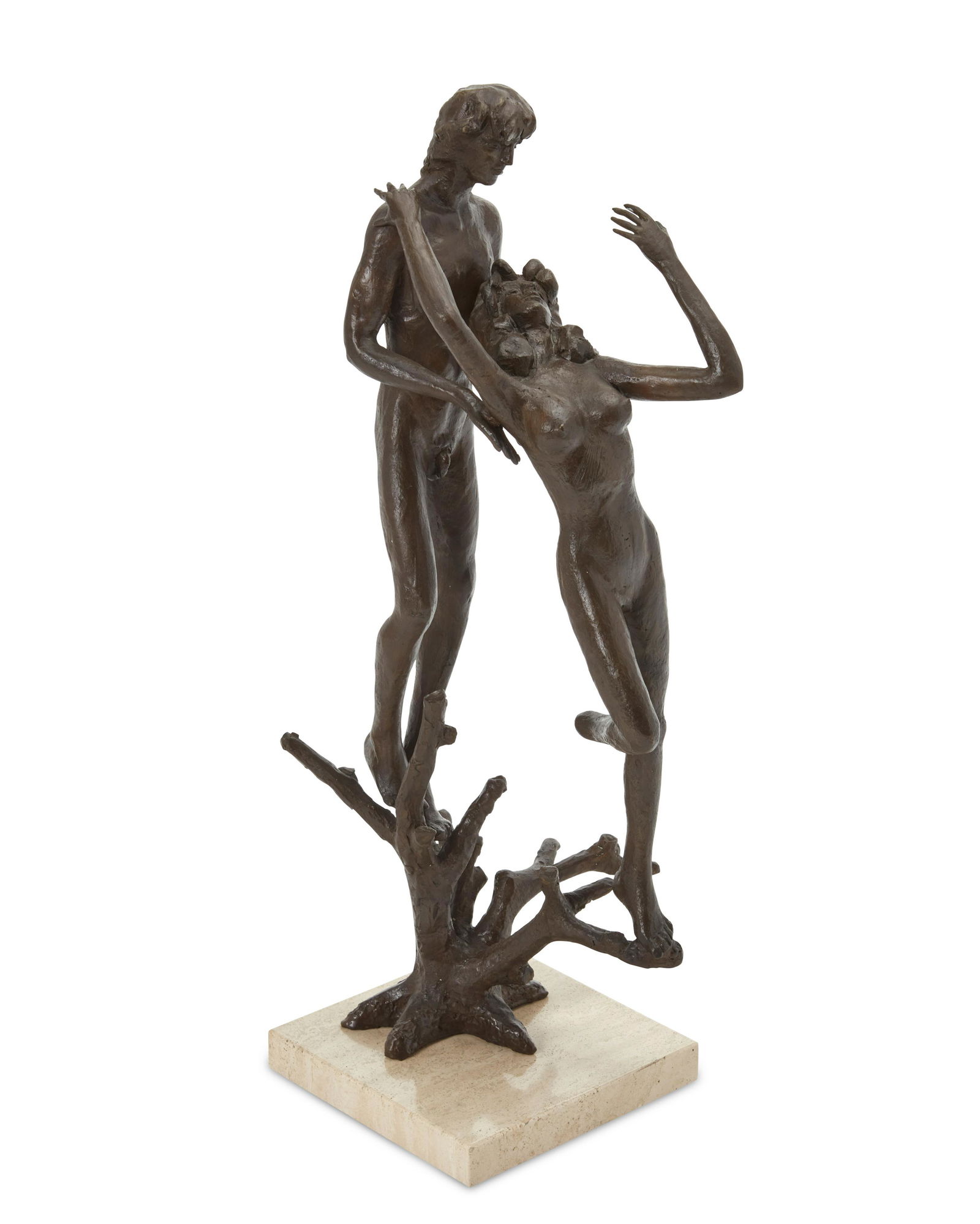 Victor Salmones (1937-1989), Two figures standing in tree, 1989, Patinated bronze on stone base, (1 of 4)