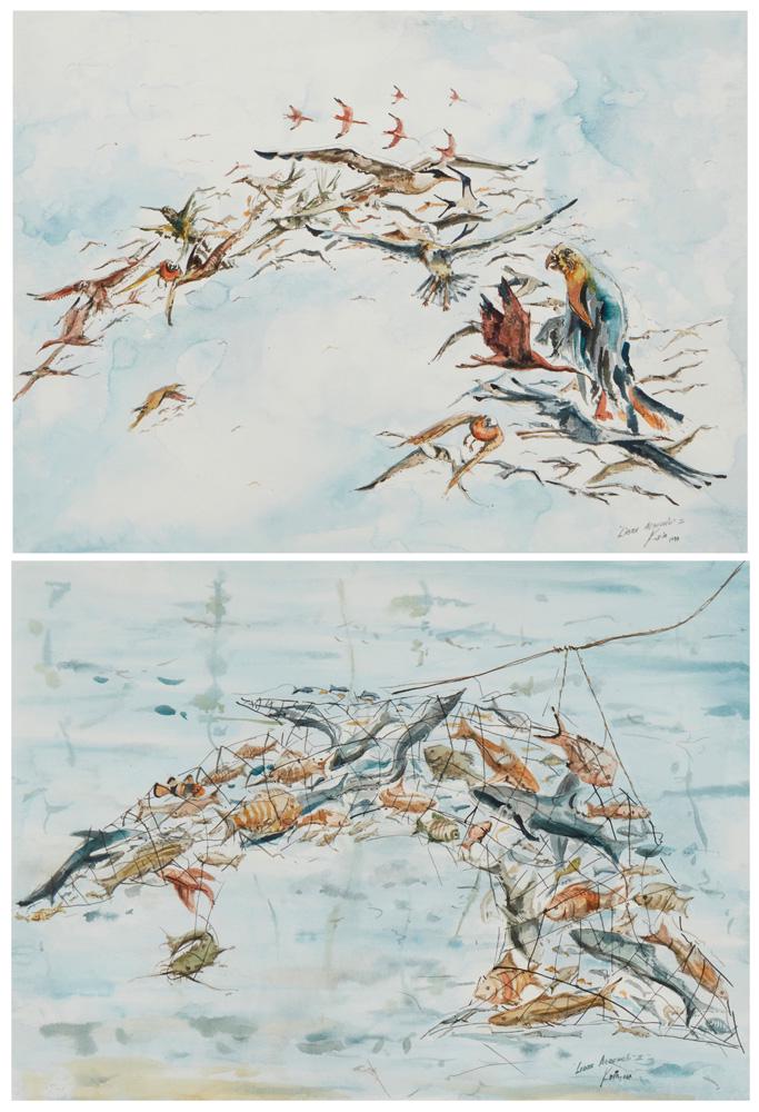Kadir Lopez Nieves (b. 1972), "Libre Albedrio I," 2004, and "Libre Albedrio II," 2004, Watercolor on: Kadir Lopez Nieves (b. 1972) "Libre Albedrio I," 2004 Watercolor on paper Signed, titled, and dated with the artist's birth year, lower right: Kadir / 1972 Sight: 21.5" H x 29.5" W