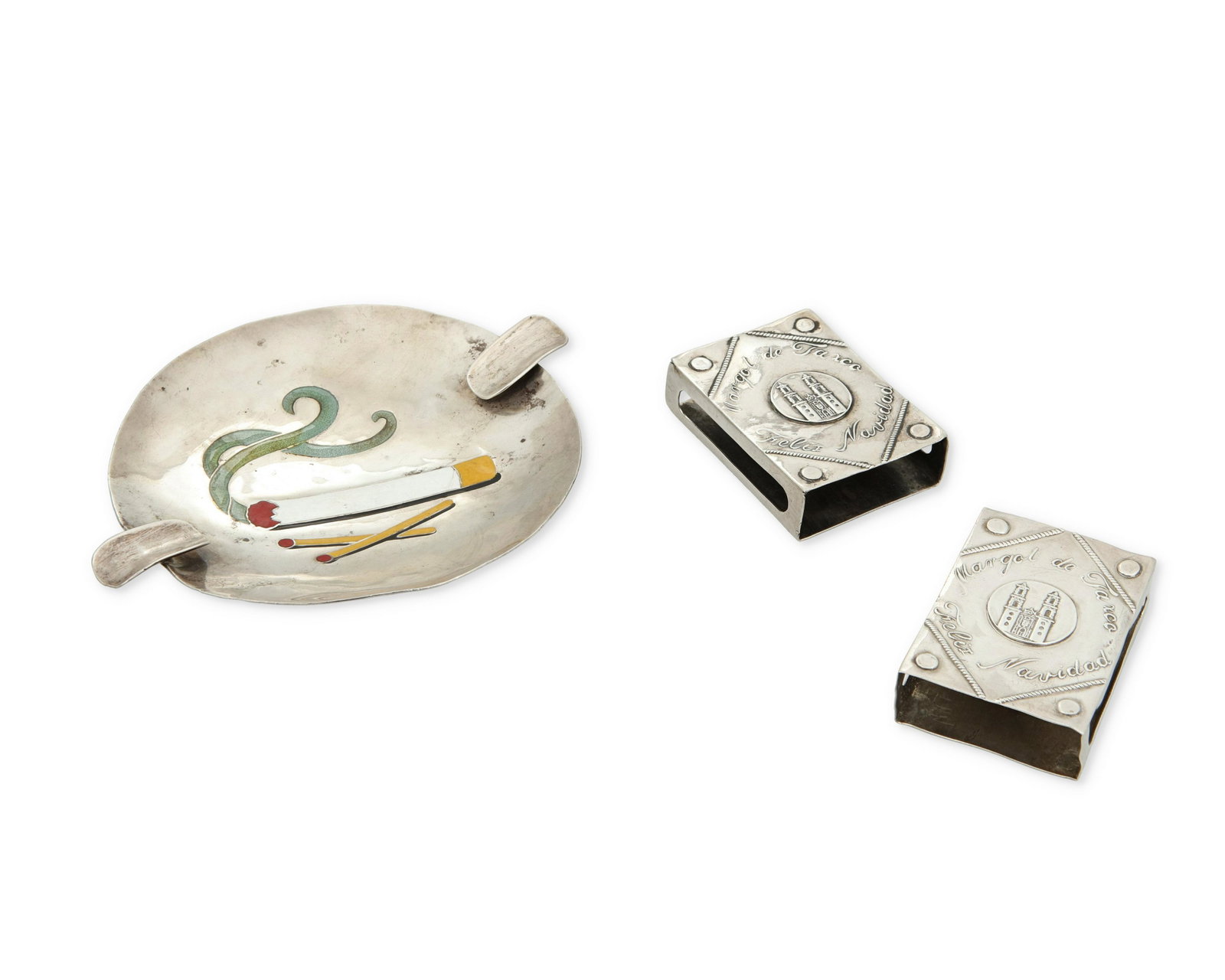 A group of Margot de Taxco silver and enamel smoking items: A group of Margot de Taxco silver and enamel smoking items Margot Van Voorhies (1896-1985) Circa 1955-1978; Taxco, Mexico Ashtray stamped: Margot de Taxco / Hecho en Mexico / Eagle 16 / [Design number