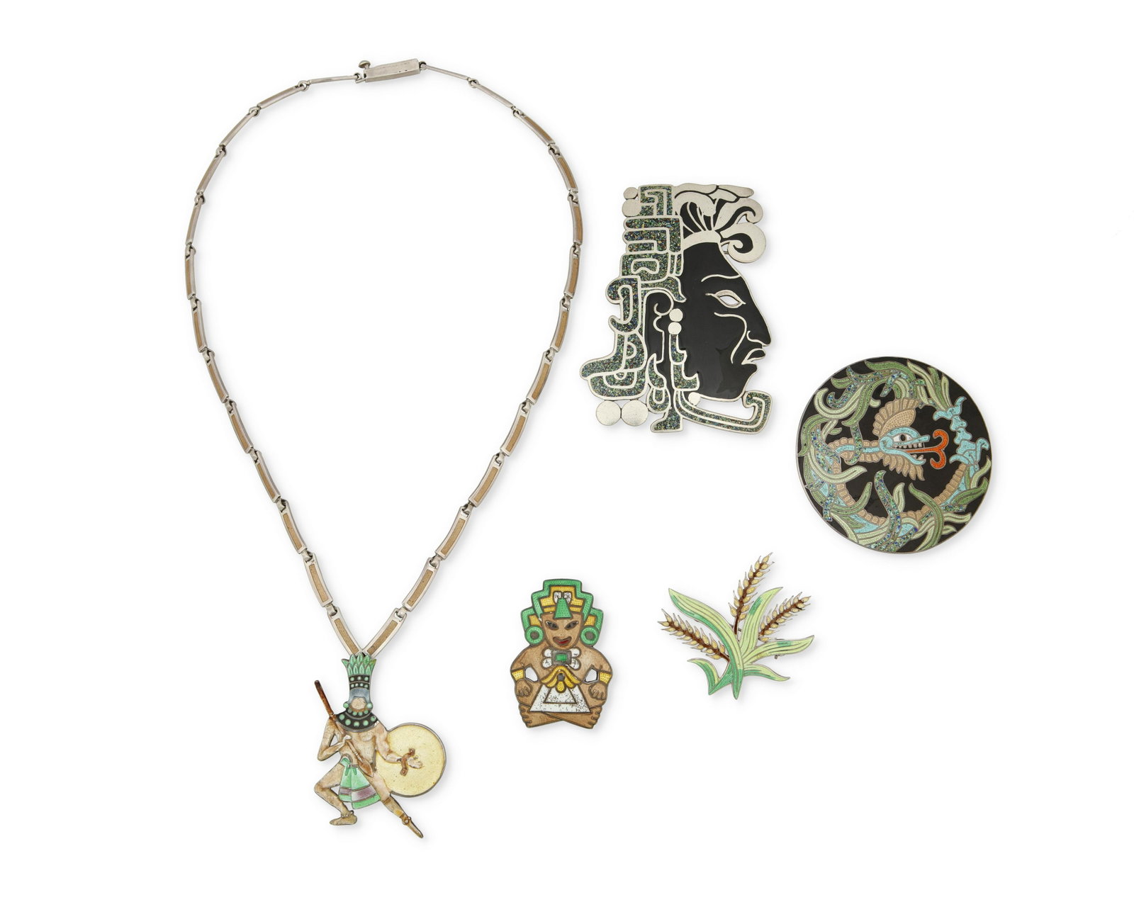 A group of Margot de Taxco silver and enamel jewelry: A group of Margot de Taxco silver and enamel jewelry Margot Van Voorhies (1896-1985) Circa 1955-1978; Taxco, Mexico Each stamped: Margot de Taxco / Sterling / Made in Mexico / Eagle 16 / [Design numbe