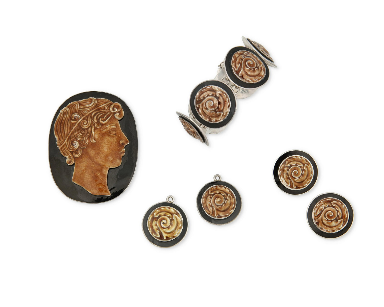 A group of Margot de Taxco silver and enamel jewelry: A group of Margot de Taxco silver and enamel jewelry Margot Van Voorhies (1896-1985) Circa 1955-1978; Taxco, Mexico Each stamped: Margot de Taxco / Sterling / Made in Mexico / Eagle 16 / [design no] 5