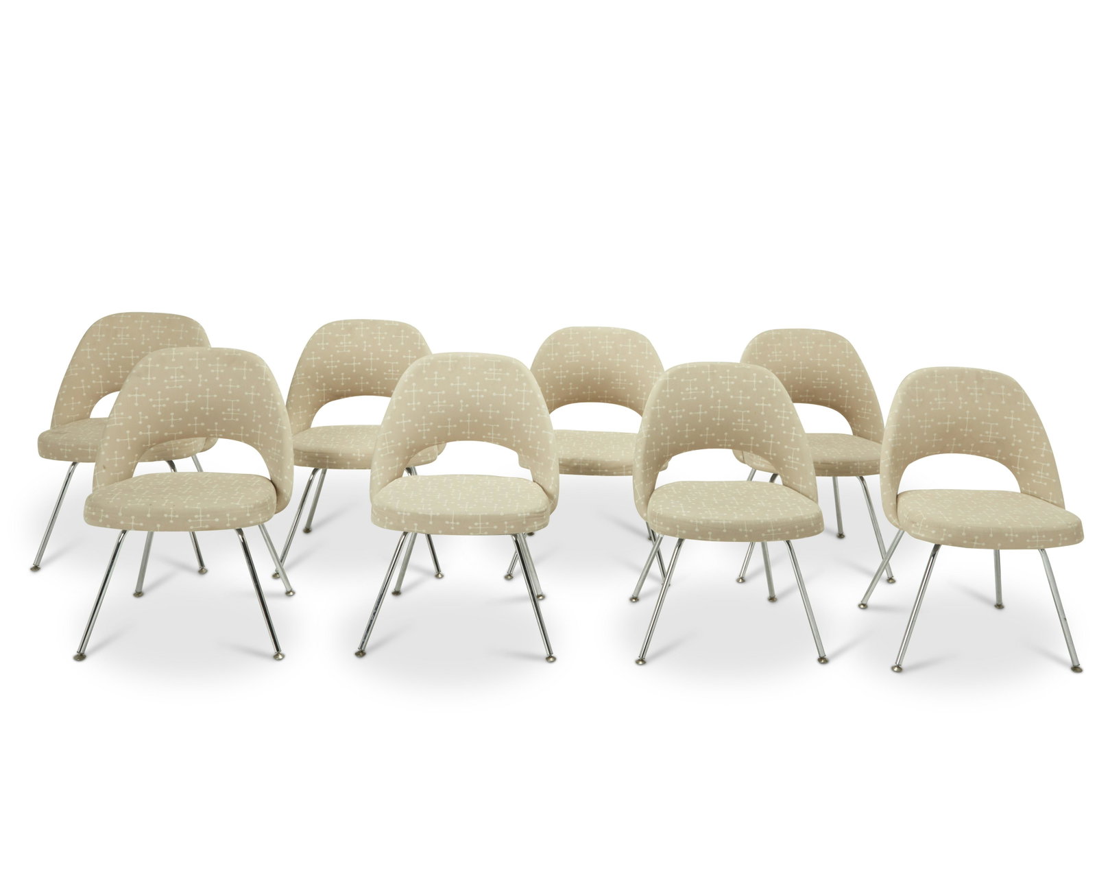Eero Saarinen, (1910-1961), Knoll Executive chair, 21st century: Eero Saarinen (1910-1961) Knoll Executive chair, 21st century Designed 1950 Each with Knoll label to underside Chromed metal and jacquard upholstery 8 pieces Each: 31.5" H x 20.5" W x 17.25&