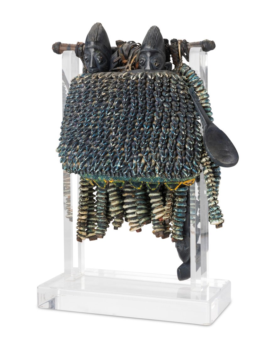 Two Yoruba "Ere Ibeji" carved wood figures with cowrie shell garment (1 of 2)