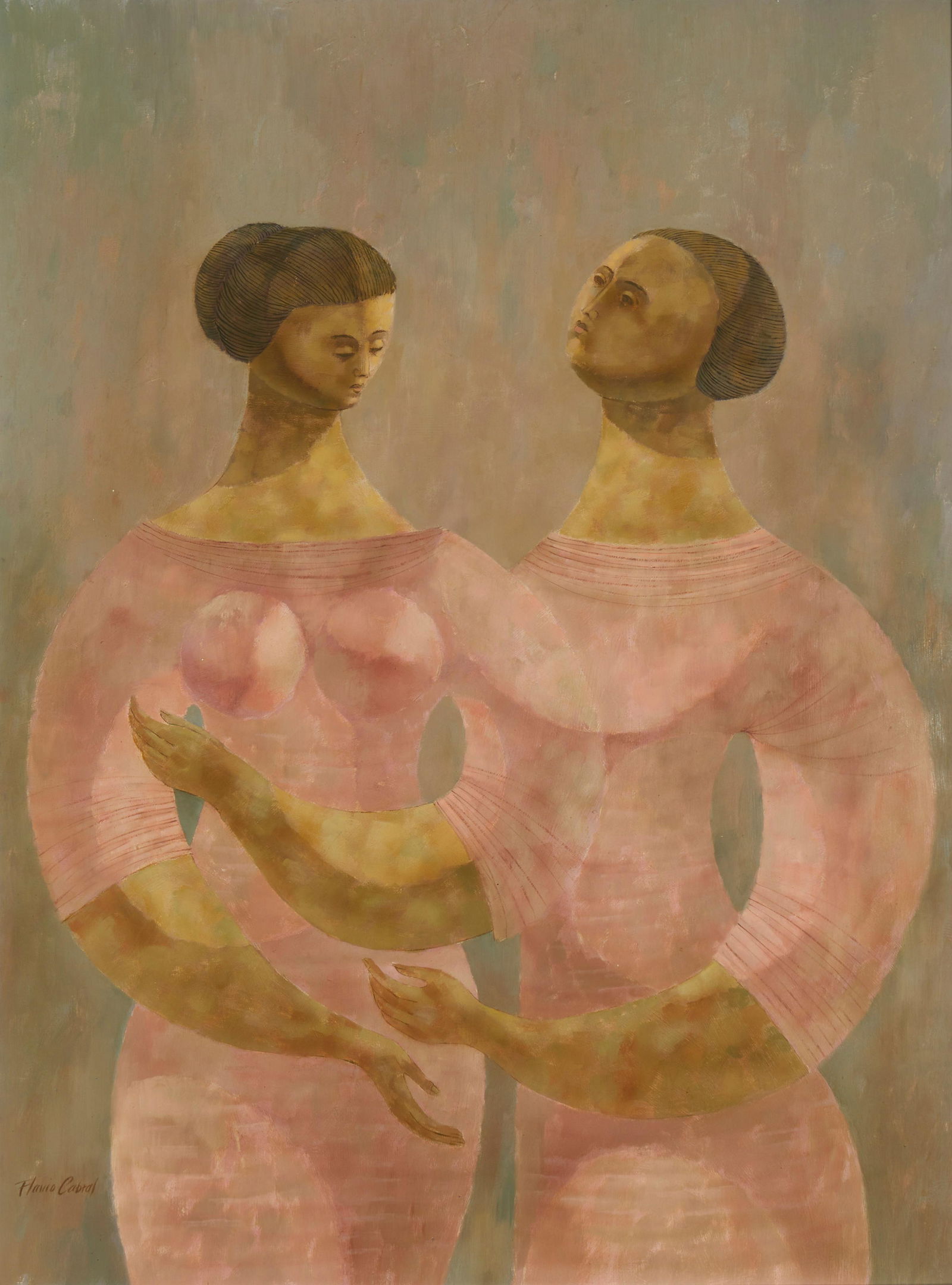 Flavio Cabral (1918-1990), Portrait of two women in pink, Oil on Masonite, 41" H x 30" W (1 of 3)