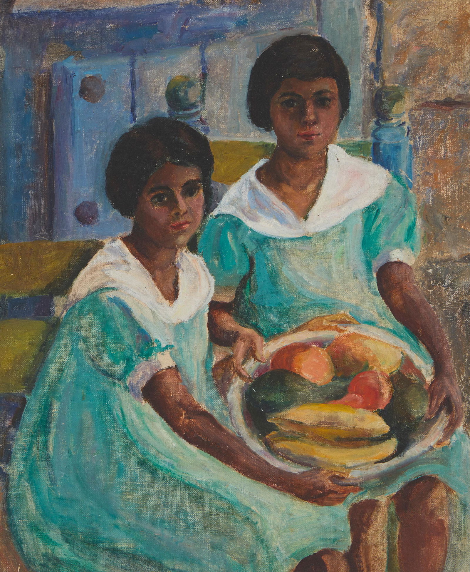 Katharine Calvin (20th century), Two girls holding a platter of fruit, Oil on canvas, Signed on the (1 of 5)
