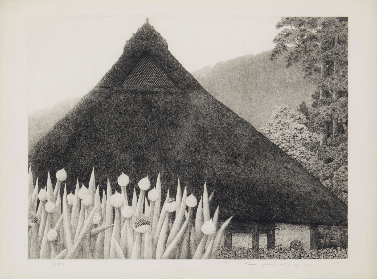 Tanaka Ryohei (1933-2019), "Farmhouse," 1977, Etching on paper, Plate: 15.5" H x 20.25" W; Sheet: (1 of 6)