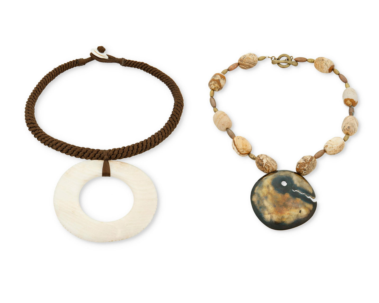 Two modernist-style necklaces: Two modernist-style necklacesLate 20th/21st centuryTwo worksA Robert Lee Morris "Wabi Sabi" necklace with jasper stone beads alternating with mixed metal beads suspending a large abstract ci