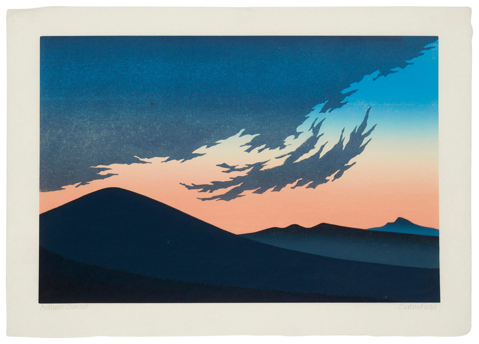 Sabra Field (b. 1935), "Autumn Sunset", Woodcut in colors on Japanese paper, Image: 12" H x 18" W; (1 of 6)