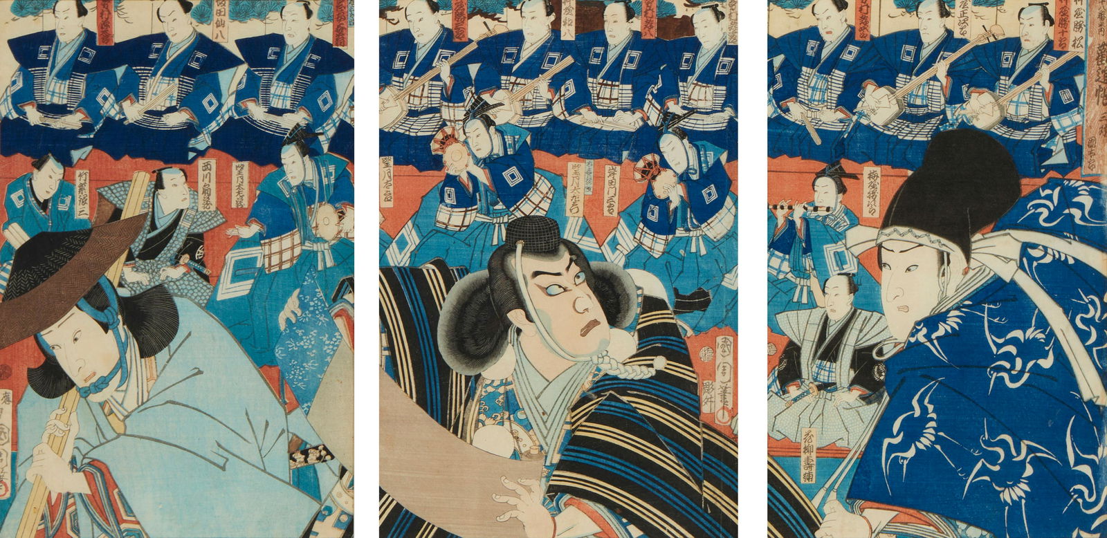 Toyohara Kunichika (1835-1900), "Kanjincho," 1869, Woodcut in colors on paper, triptych, Sight of (1 of 6)