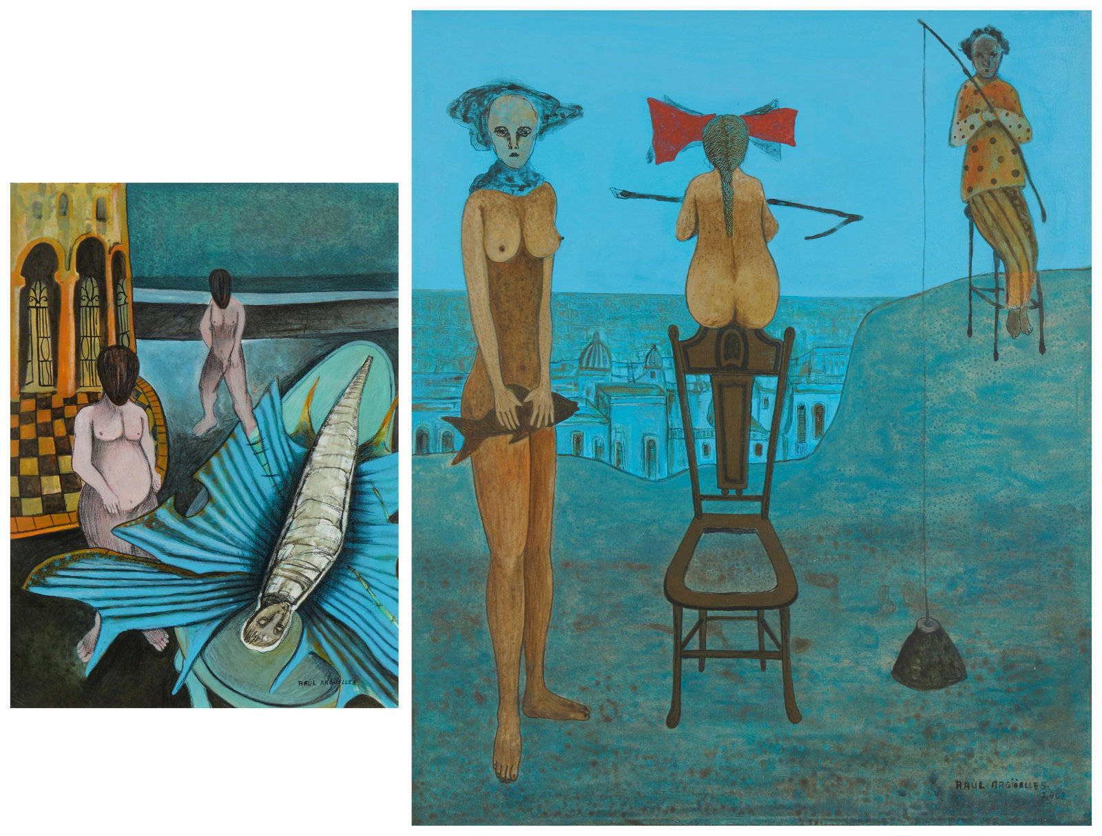 Raul Arguelles (20/21st Century), "Pescando en la Colina," 2002, Acrylic on canvas, 24" H x 20" W: Raul Arguelles (20/21st Century) "Pescando en la Colina," 2002 Acrylic on canvas Signed lower right: Raul Arguelles; titled on a gallery label affixed to the stretcher; titled again in ink o
