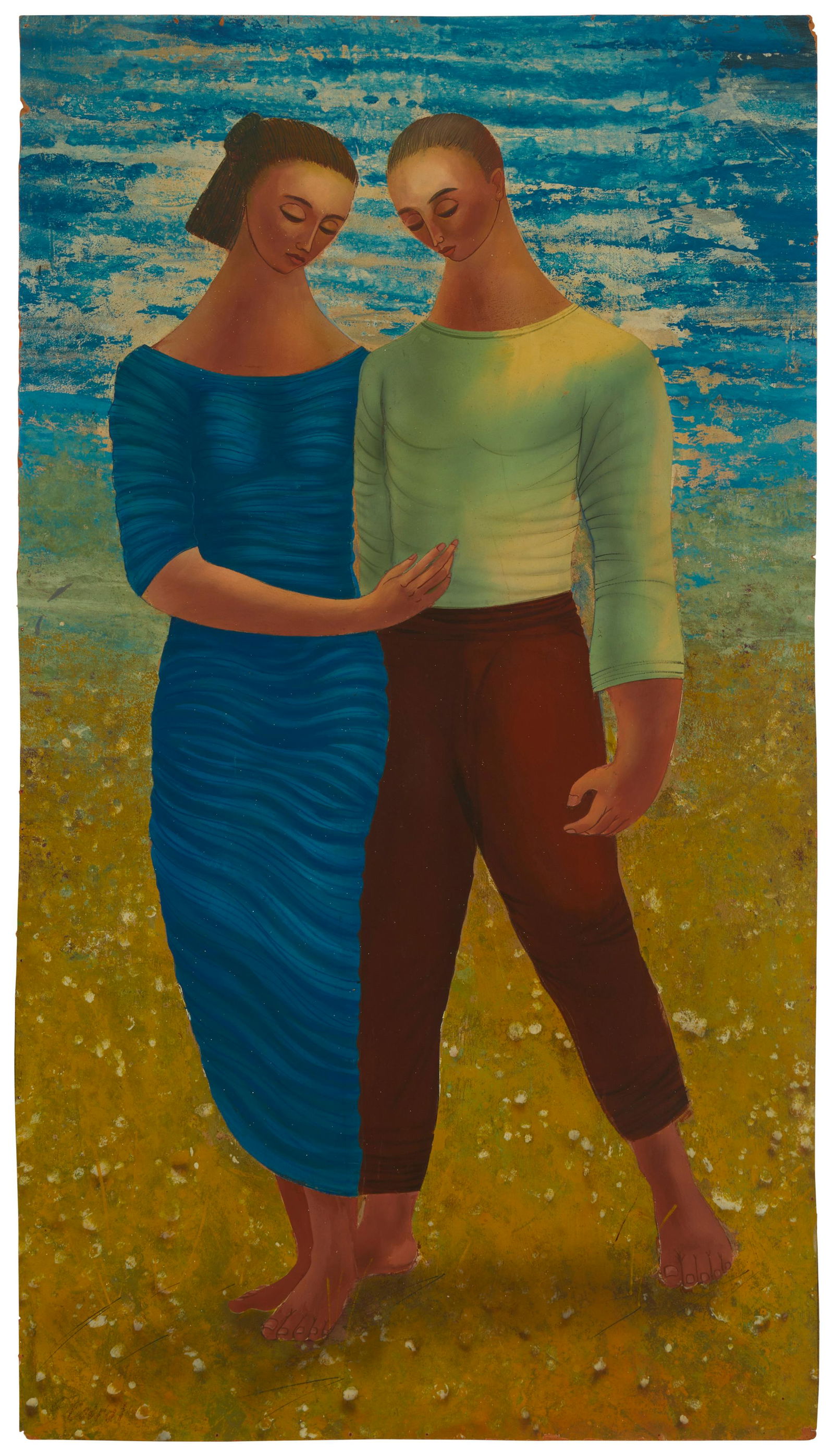 Flavio Cabral (1916-1990), "Two Figures," Oil on Masonite, 44.25" H x 24.5" W (1 of 5)
