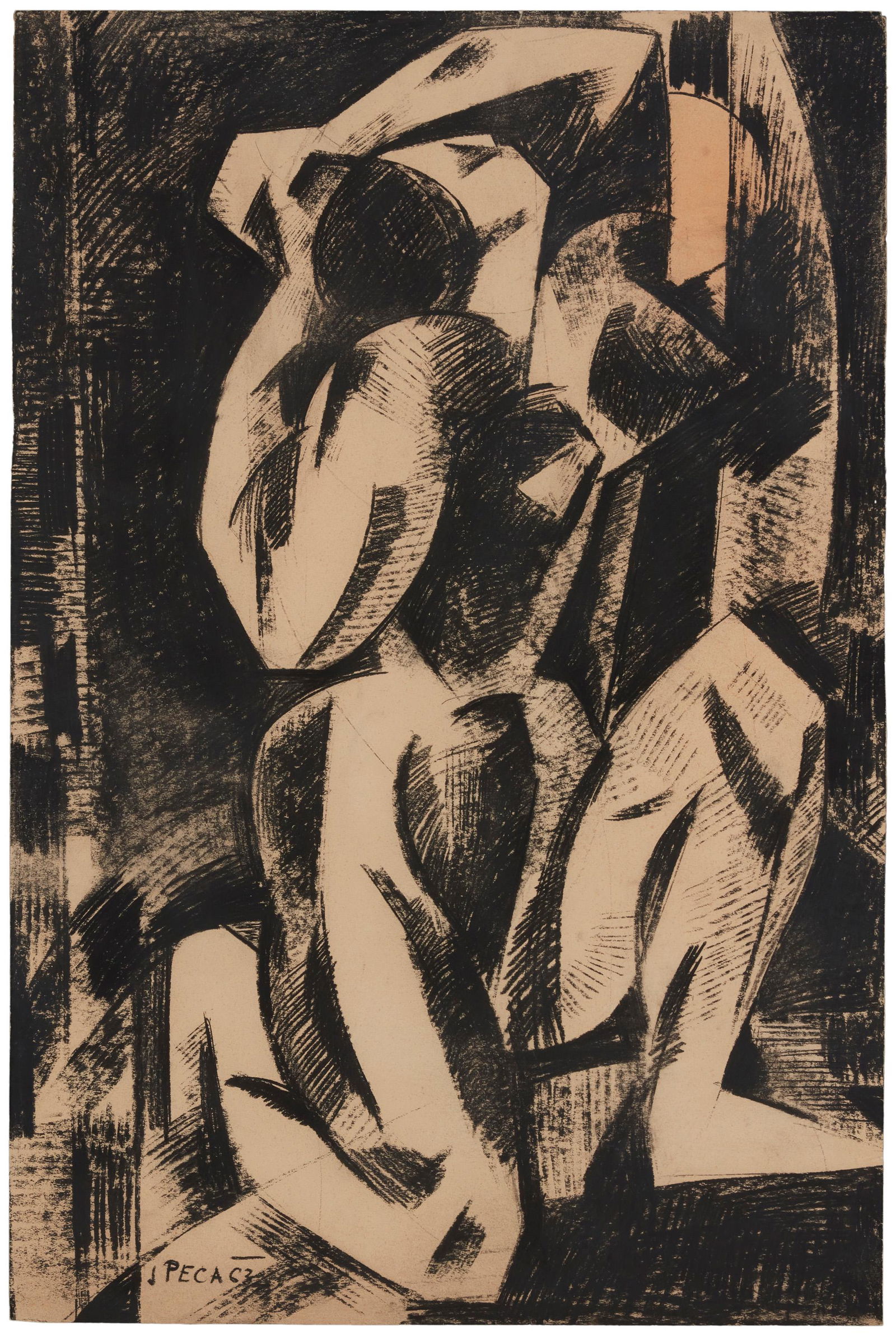 Josef Peca, (1923-1982), Crouching figure with raised arms, 1963, Conte crayon on beige paper, (1 of 5)