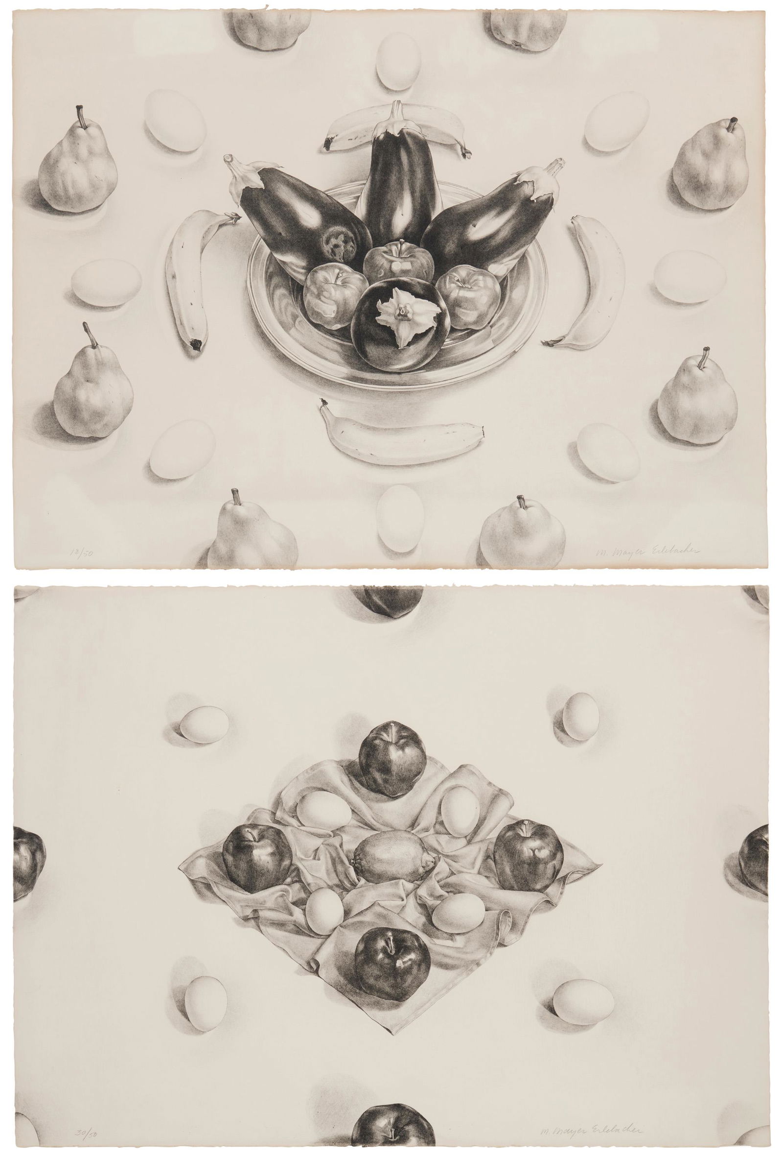 Martha Mayer Erlebacher (1937-2013), "Still Life with Eggplant #1," and "Apples, Bananas, and Eggs," (1 of 12)