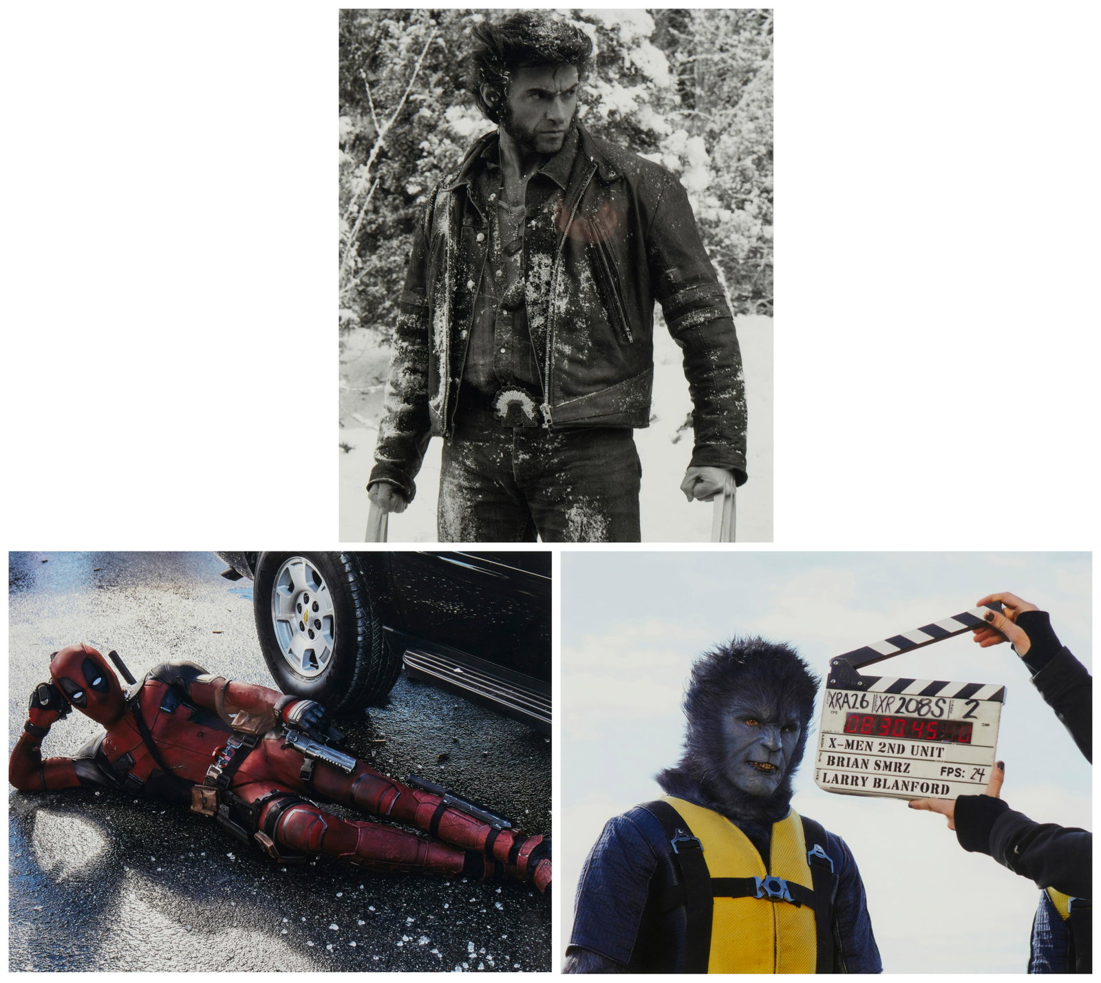 21st Century American School, A group of production photographs from Marvel movies featuring: 21st Century American School A group of production photographs from Marvel movies featuring Wolverine, Deadpool, and Beast from the Marvel Cinematic Universe Two photographs in colors and one in black