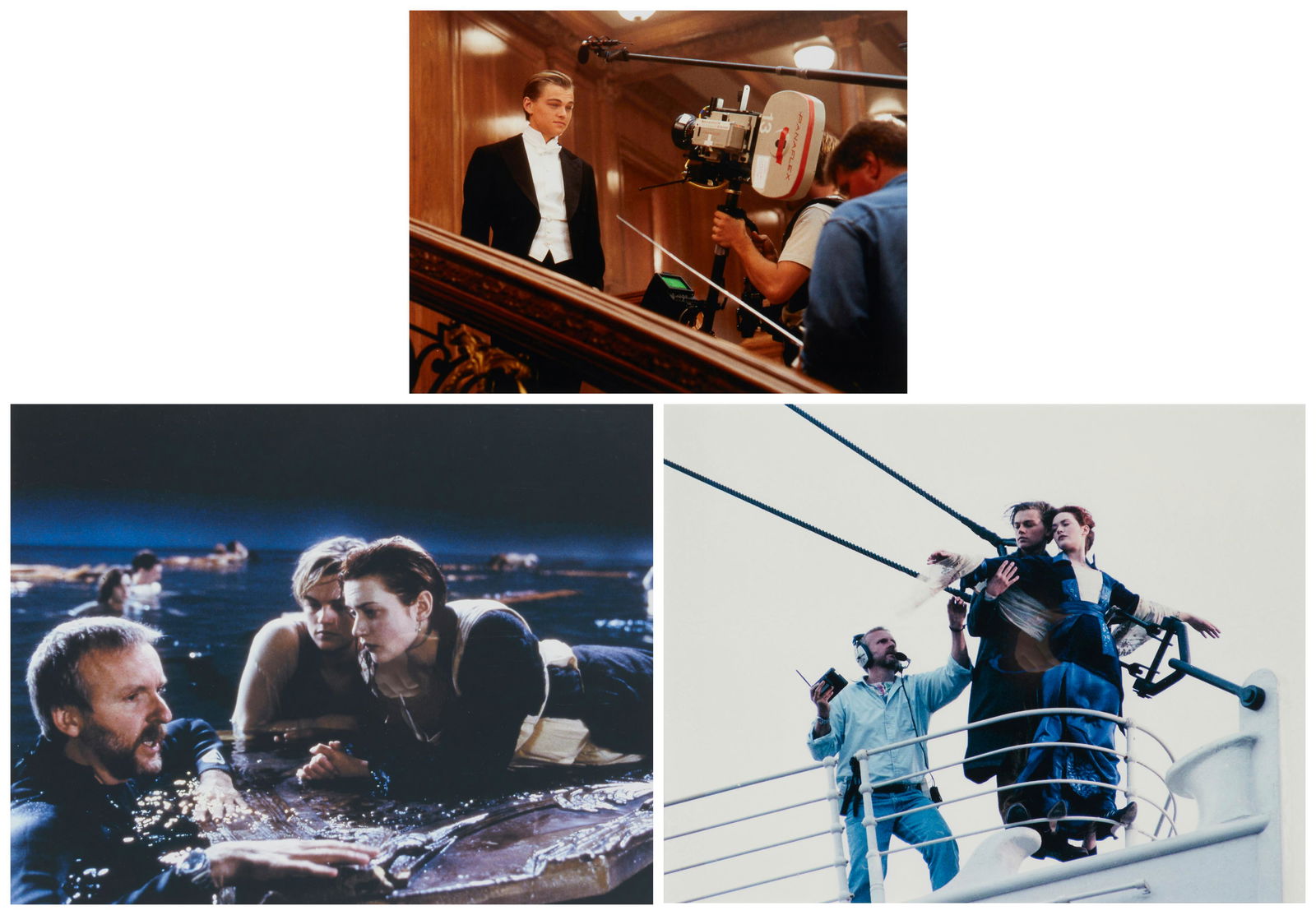 20th Century American School,A group of behind the scenes production photographs from "Titanic": 20th Century American SchoolA group of behind the scenes production photographs from "Titanic" (1997) featuring Leonardo di Caprio, Kate Winslet, and James CameronEach: Photograph in colors