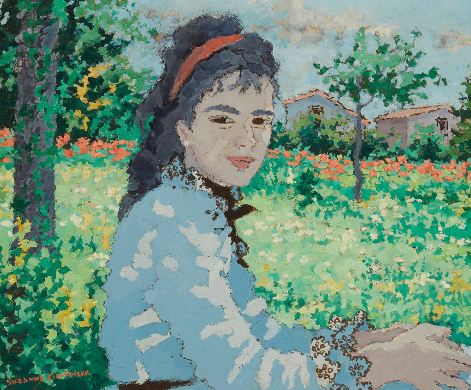 Suzanne Eisendieck (1908-1998), "Juene Fille au Jardin" Oil on canvas, 15" H x 18" W (1 of 6)