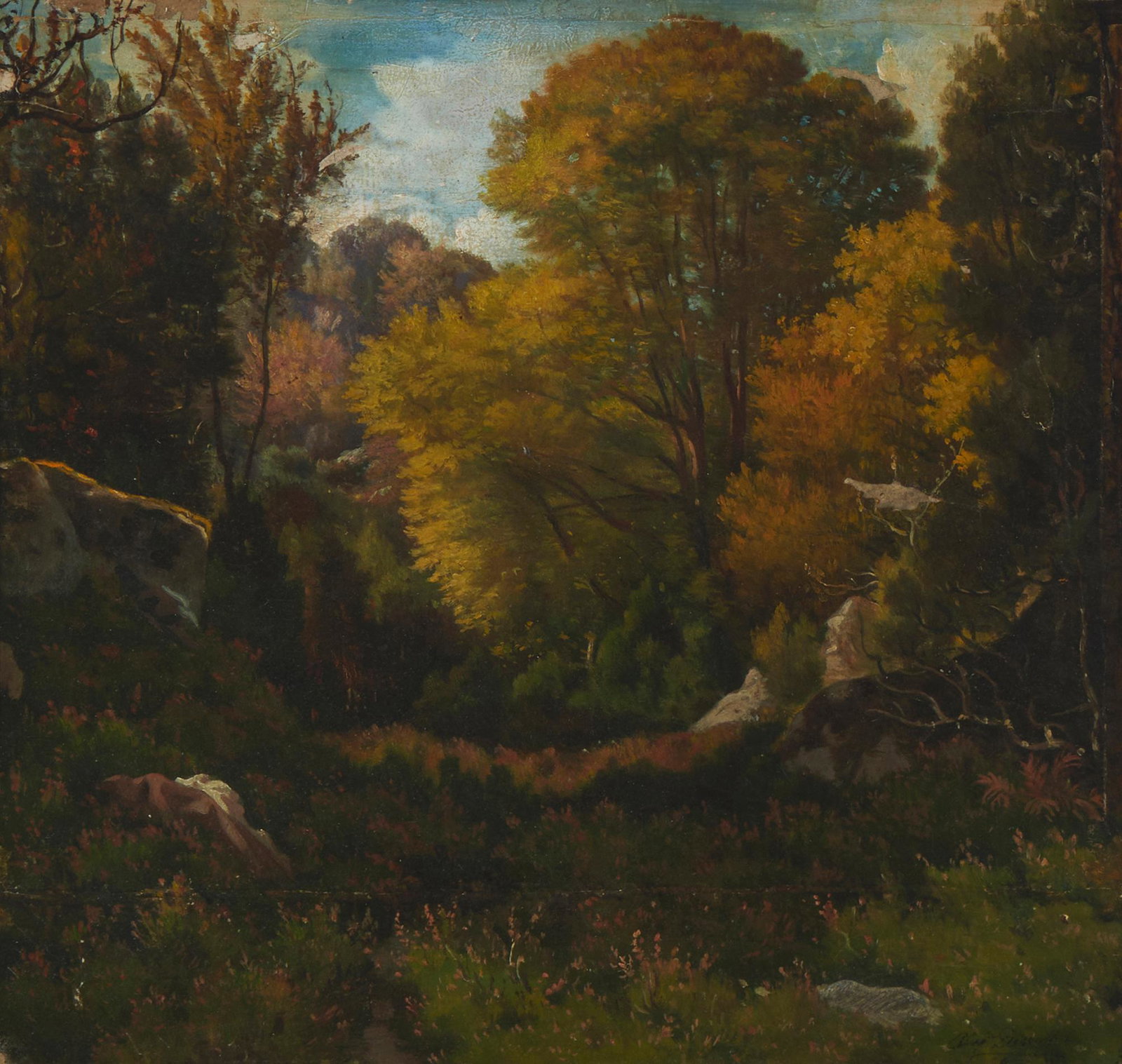 Alexandre Desgoffe (1805-1882), "VallEe de la Salle," Oil on panel, 14" H x 14.75" W: Alexandre Desgoffe (1805-1882) "VallEe de la Salle" Oil on panel Signed lower right: Alexandre Desgoffe; titled and inscribed indistinctly in ink, possibly in the hand of the artist, verso; 