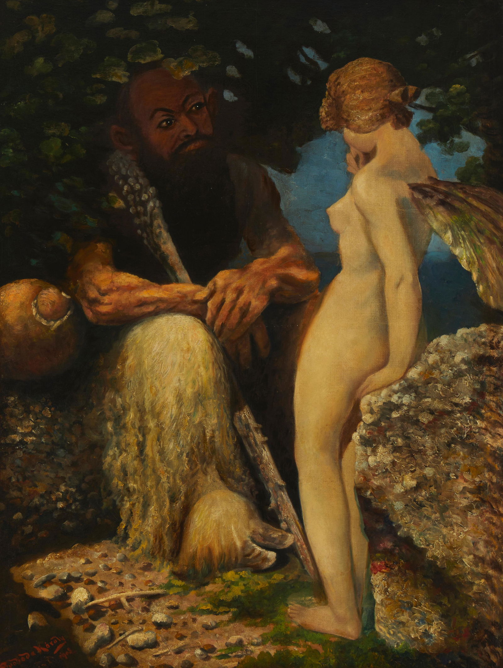 Early 20th Century Continental School, A faun with a wood nymph, 1908, Oil on canvas laid to canvas, (1 of 5)