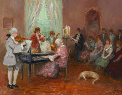 Marcel Dyf (1899-1985), "Concert au Chateau," 1985, Oil on canvas, 28.25" H x 36.25" W: Marcel Dyf(1899-1985)"Concert au Chateau," 1985Oil on canvasSigned lower right: Dyf; Signed again, titled, dated, and inscribed "Especially painted for Emmett and Edwina," all vers